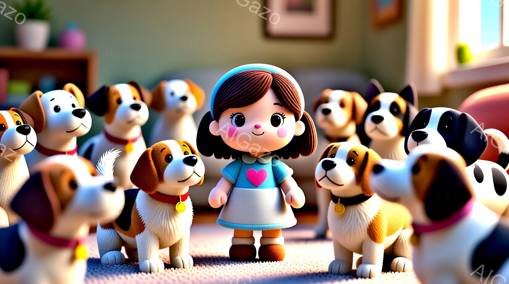 明るい室内で、茶色の髪をツインテールにした少女が、ピンク色のハートが描かれた白いエプロンドレスを着て立っています。彼女の周りには、様々な毛色の可愛らしい犬たちが円を描くように取り囲んでおり、それぞれ首輪をつけています。室内は暖色系の家具で彩られ、明るく穏やかな雰囲気が漂っています。