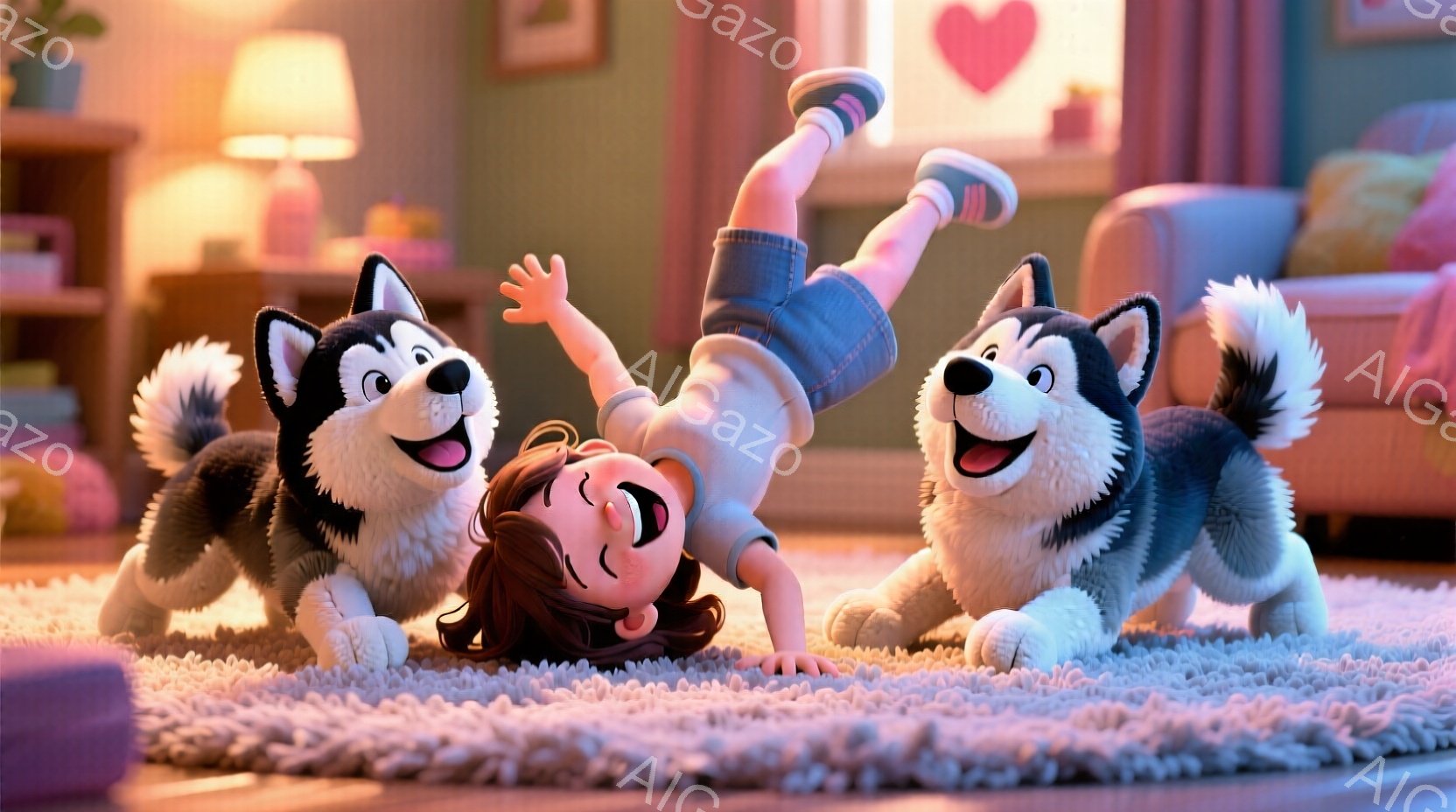 茶色の巻き毛の少女がリビングのカーペットの上で逆立ちをしており、顔には笑顔が広がっています。彼女はジーンズのショートパンツとスニーカーを履いており、両脇には嬉しそうに彼女を見つめる2匹のシベリアンハスキーの犬がいます。背景には、クリーム色のソファ、絵画、そして暖色系の照明がぼんやりと見え、全体的に温かく幸せな雰囲気が漂っています。