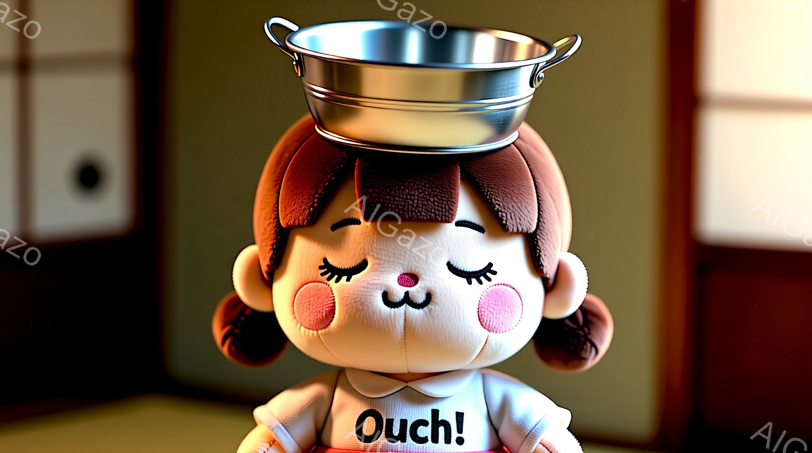 丸い顔とピンクの頬を持つ女性のキャラクターを描いています。彼女は白っぽいシャツを着ており、頭には金属製のバケツが乗っています。背景は畳の部屋で、日本の伝統的な家屋の一部である障子が映っており、全体的にユーモラスで可愛らしい雰囲気が漂っています。