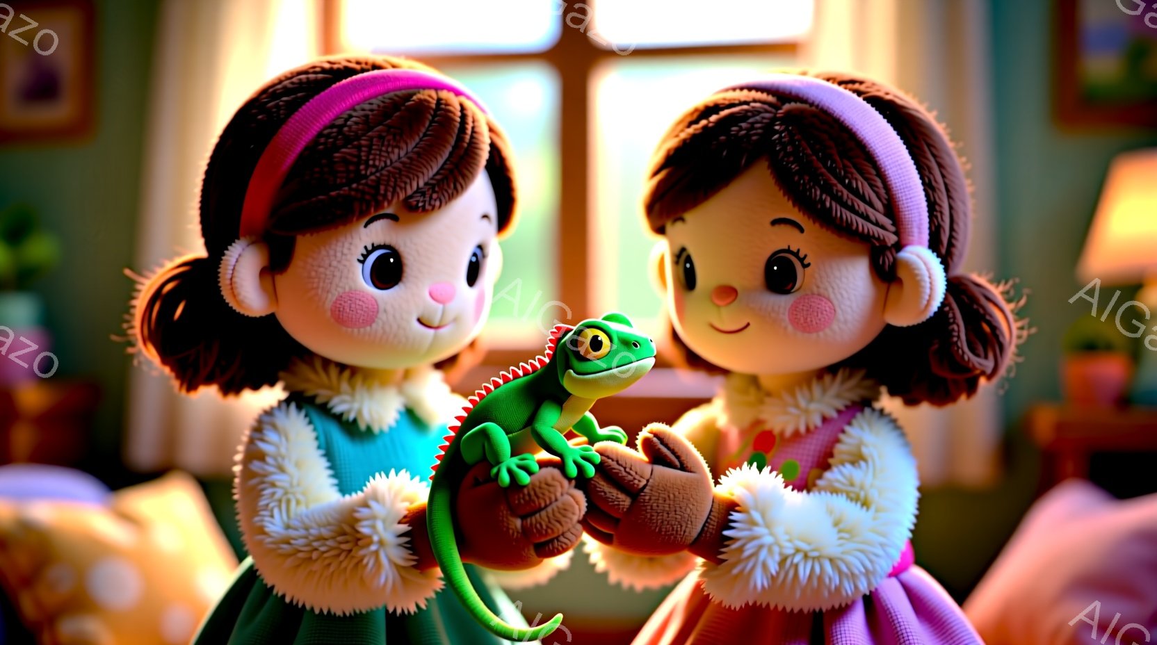 ふわふわの毛皮の襟付きのピンク色のドレスを着た、髪を二つに結んだ少女が二人描かれています。彼女たちは鮮やかな緑色のトカゲを抱きしめ、嬉しそうな表情をしています。背景には暖炉と家具が見え、室内は温かく、親しみやすい雰囲気です。