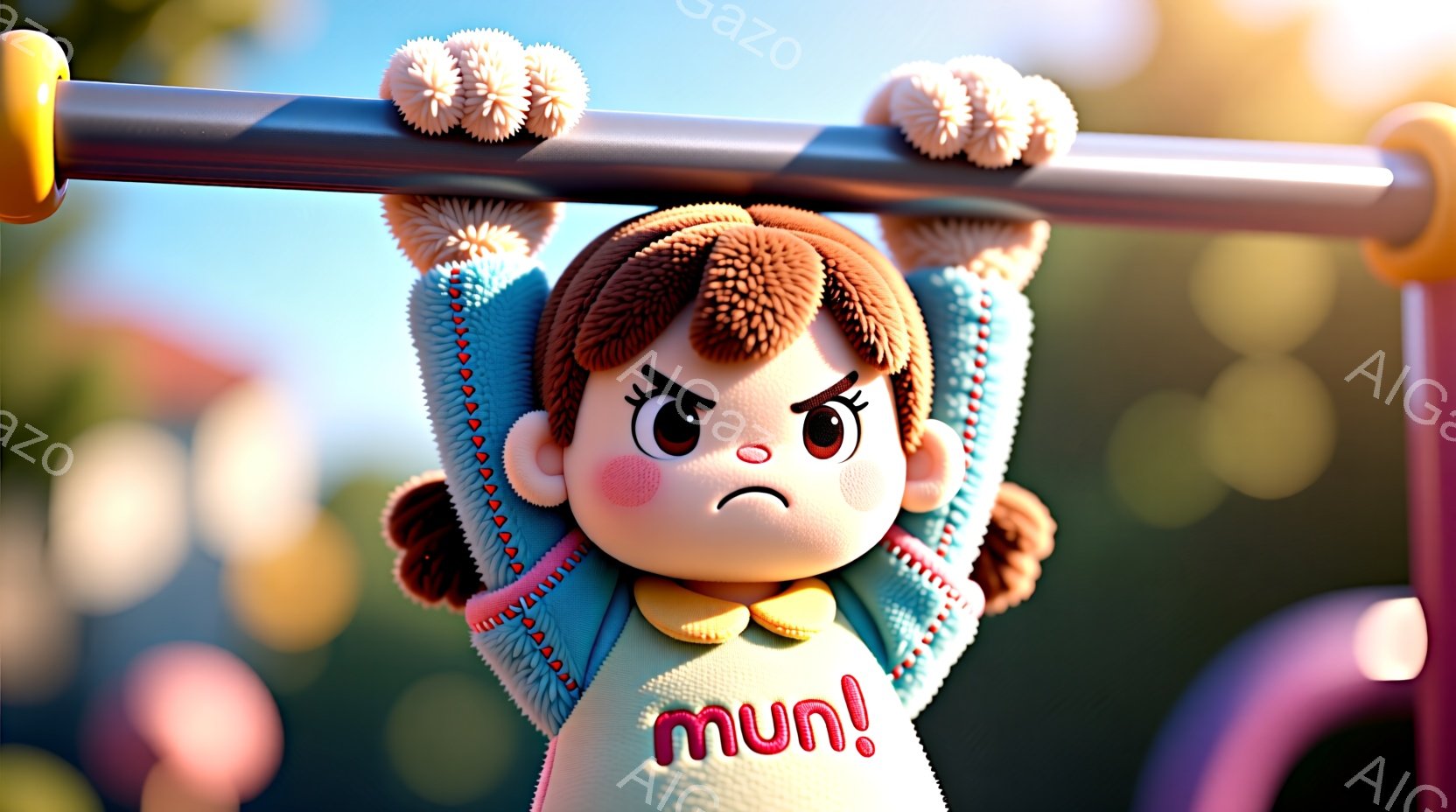 明るい青空の下、茶色の巻き毛の髪をポニーテールにした幼い女の子が、遊具のバーにぶら下がっています。ピンク色のシャツには「mun!」と書かれており、青いセーターを着ています。表情は少し怒っていて、遊具の背景にはぼやけた建物が見えます。