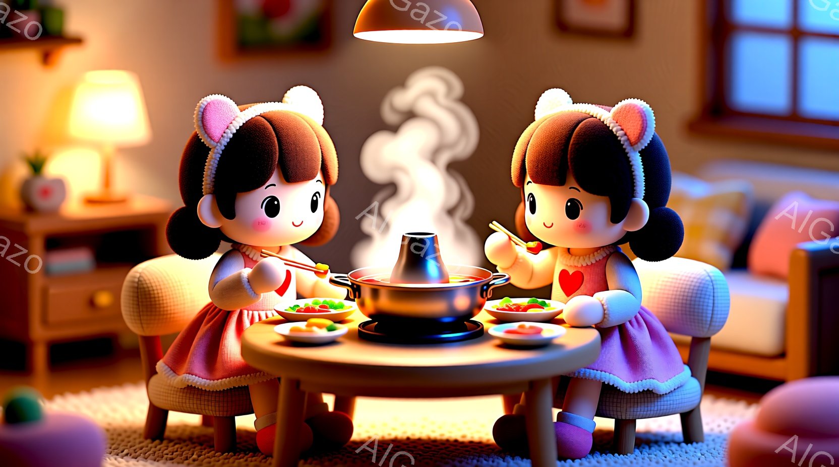可愛らしい女の子二人が、ミニチュアサイズのテーブルを挟んで向かい合って食事をしている様子が描かれています。彼女たちは赤いワンピースと白いフリル襟が特徴で、茶色の巻き毛の髪型をしています。部屋は暖色系の照明で照らされ、温かく居心地の良い雰囲気が漂っています。