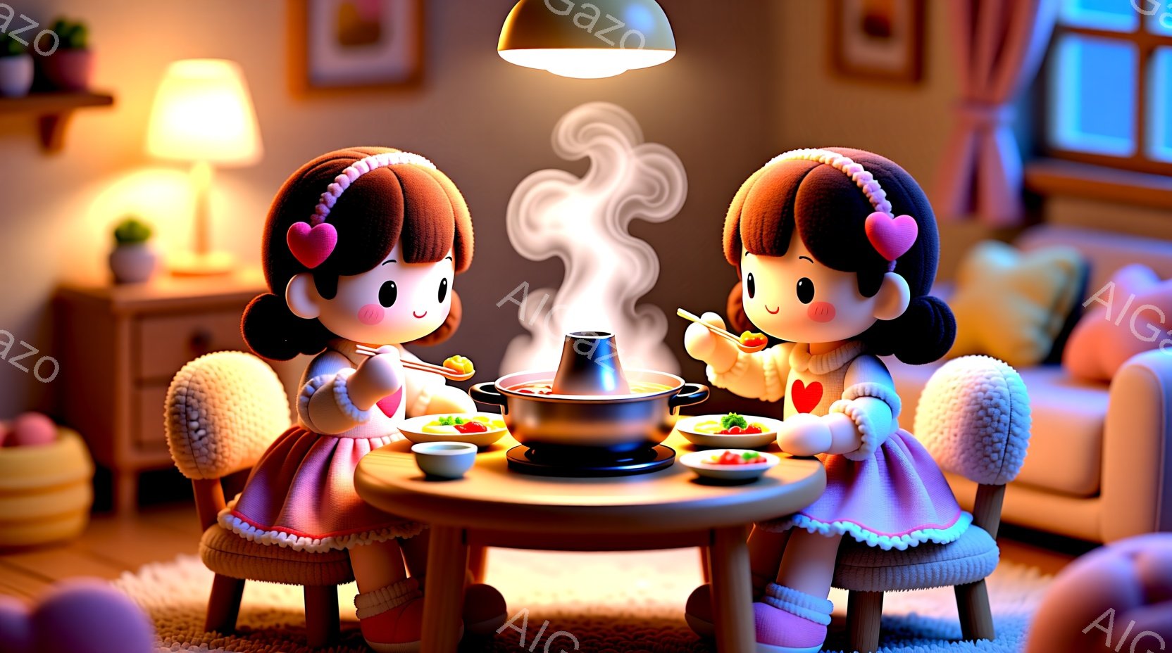 二人の幼い女の子が小さな丸いテーブルを挟んで向かい合って座っており、鍋料理を楽しんでいます。彼女たちはピンク色のスカートと白いセーターを着ており、髪は同じようにカールして、同じように赤いリボンで飾られています。背景には、暖色系の照明と家具が見え、家庭的な温かい雰囲気が漂っています。