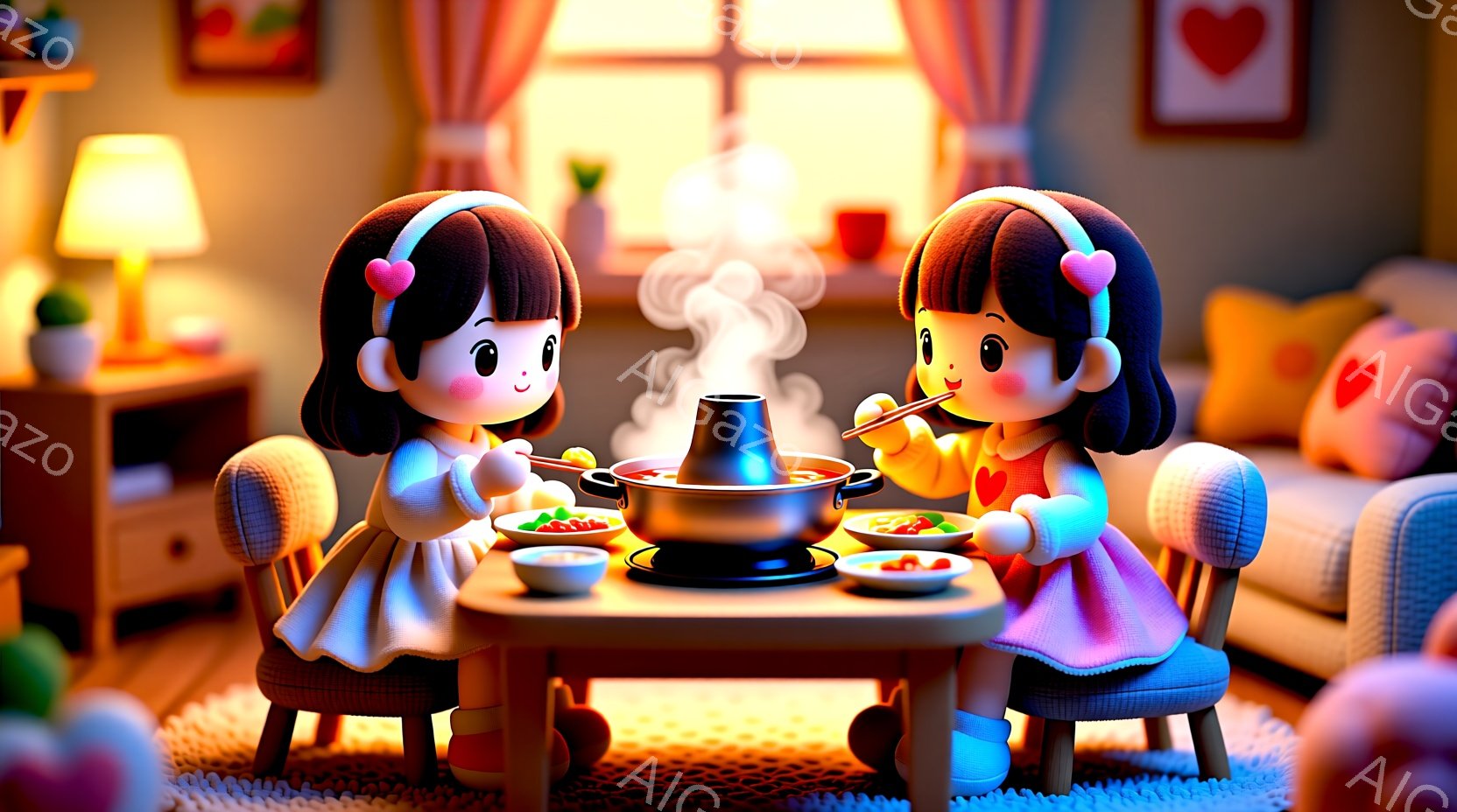 二人の女の子が、小さなテーブルを挟んで向かい合って食事をしている様子が描かれています。彼女たちはピンク色のワンピースを着ており、頭にはリボン付きのヘッドバンドをつけています。背景には、ソファー、植物、絵画がある居間が広がっており、暖かく、親密な雰囲気が漂っています。