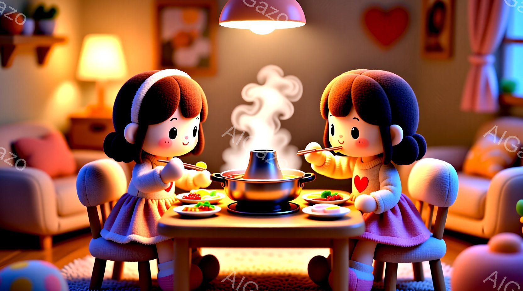 2人の少女が小さなテーブルを挟んで向かい合って食事をしています。ピンク色のワンピースと、カールした茶色の髪、そして赤いリボンが特徴的です。背景にはベージュ色のソファと、暖色の照明、そしてハート型の装飾が見え、温かく居心地の良い雰囲気を醸し出しています。