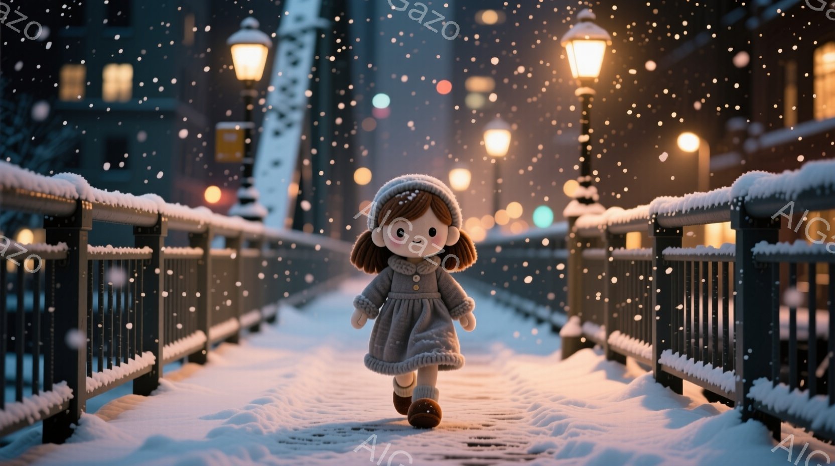 雪が降り積もる橋の上を、可愛らしい女の子が歩いている。灰色のコートにピンクの帽子をかぶり、赤い靴を履いており、表情は穏やかで優しい印象を与える。背景にはぼんやりと建物が見え、街灯の温かい光が雪景色を照 - AI生成フリー素材