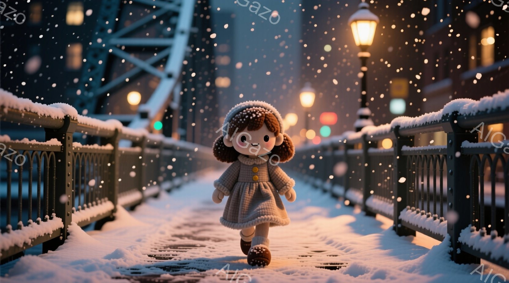 雪が舞う橋の上を、可愛らしい少女が歩いている。少女は、ふわふわの茶色の髪に、淡いピンクの頬をしており、灰色のニットのコートと帽子を身につけている。背景には、雪に覆われた建物と街灯が見え、幻想的で温かい - AI生成フリー素材