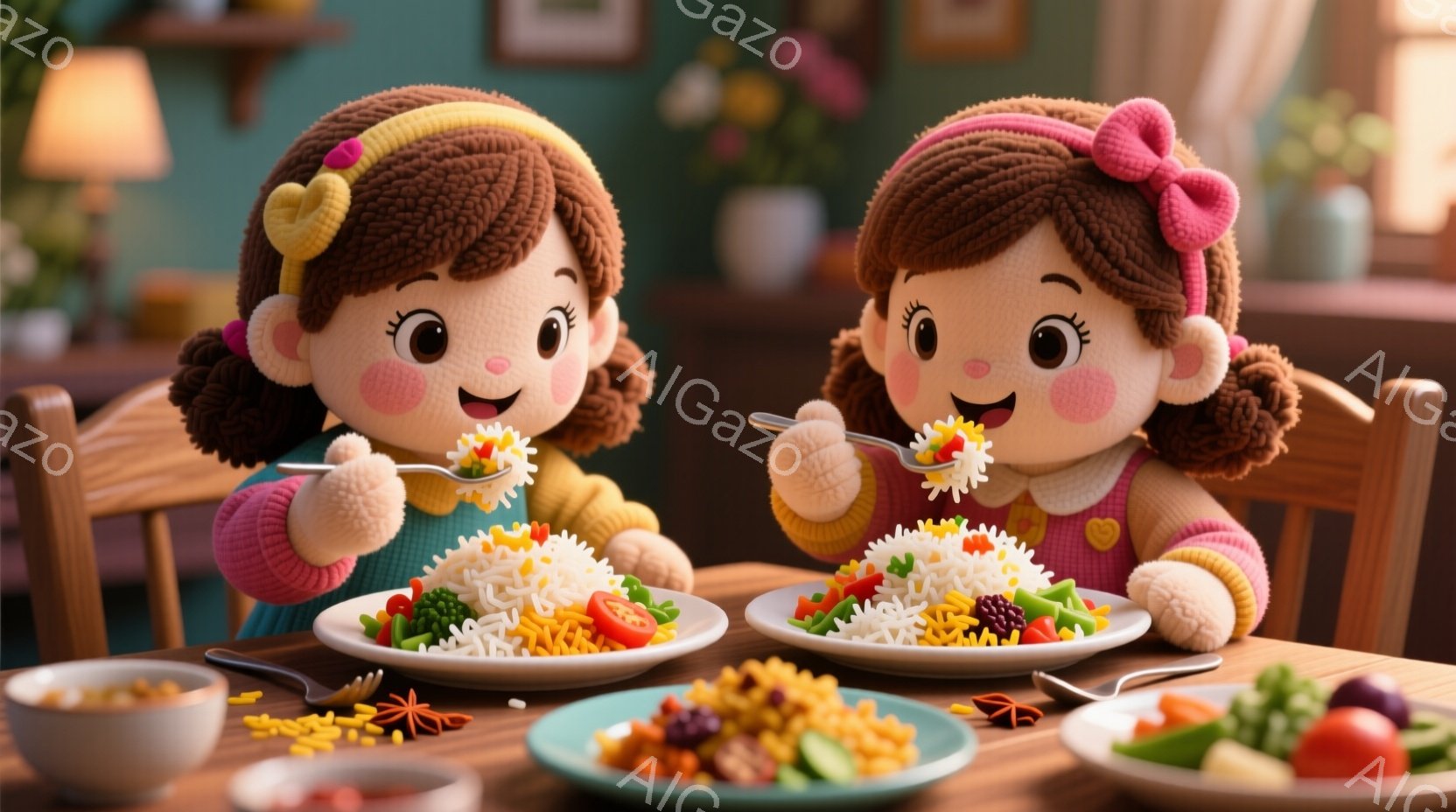 ふわふわの巻き毛の茶髪を持つ、同じ少女が二人、テーブルを挟んで向かい合って座っています。ピンク色のリボンと水色のセーターを着て、それぞれお皿に乗ったご飯にフォークで野菜をつまんで笑顔で食事を楽しんでいます。背景には、木製の椅子や食料品、植物が見え、温かくて楽しい家庭的な雰囲気が漂っています。
