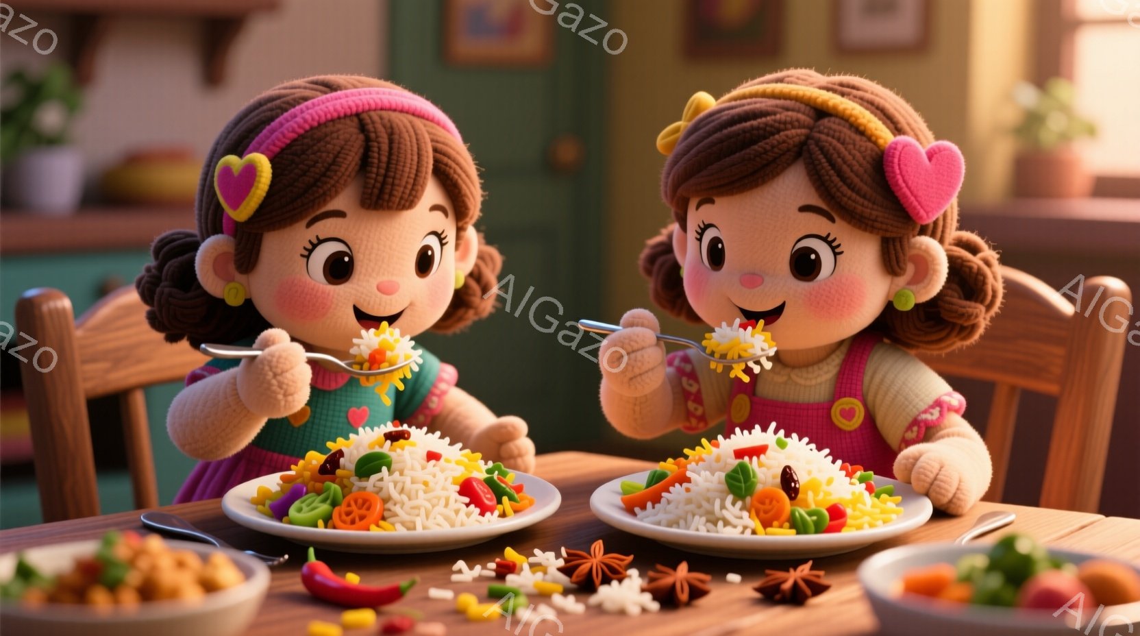 可愛らしい女の子が二人、食事の準備された食卓を挟んで向かい合って座っています。彼女たちは巻き毛の茶色の髪に、ピンク色のヘッドバンドをつけ、明るい笑顔を浮かべています。食卓には、彩り豊かなご飯と、様々なスパイスや野菜が盛り付けられたお皿が置かれており、温かく、幸せな雰囲気が漂っています。