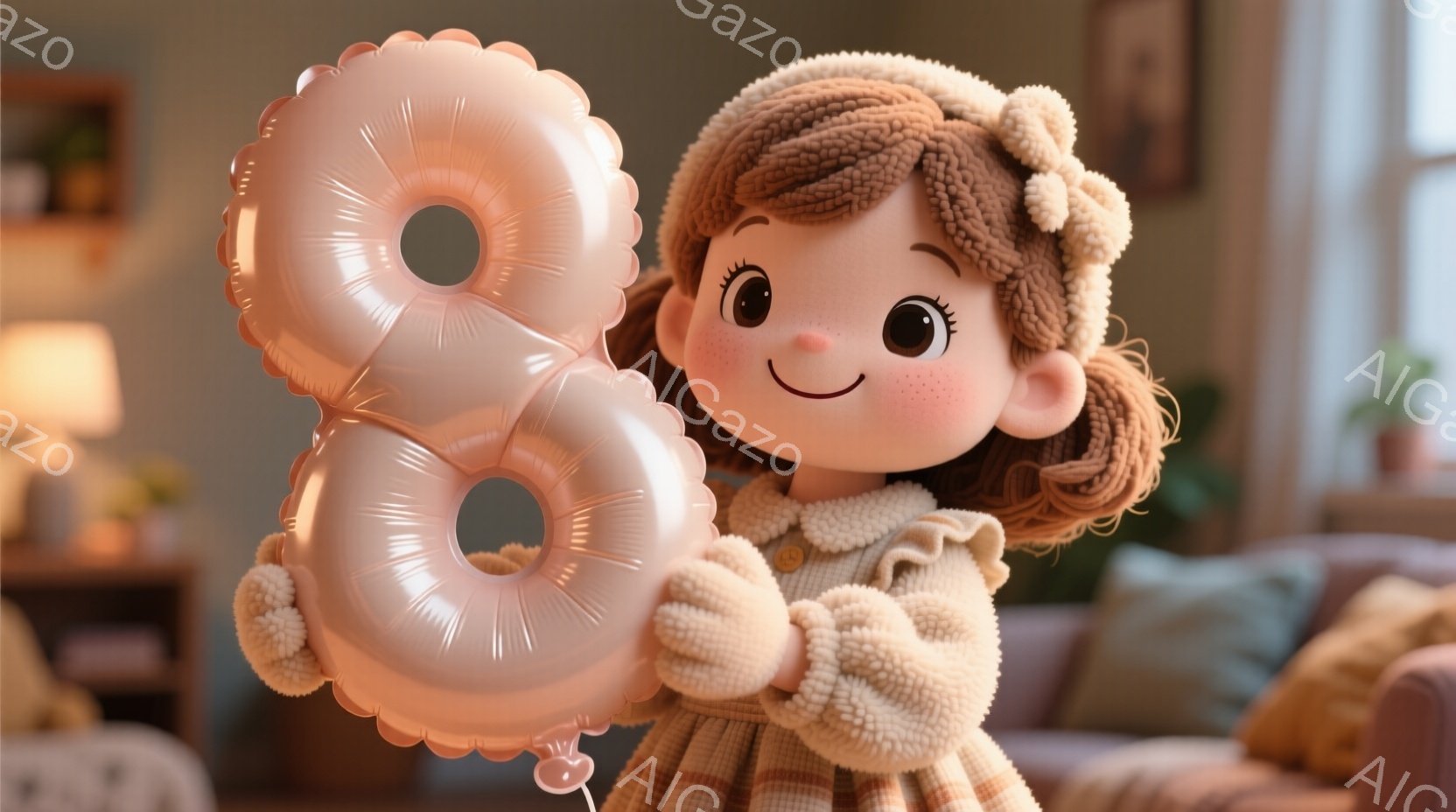 少女は、クリーム色のふわふわしたセーターとチェック柄のワンピースを着て、明るい笑顔を浮かべています。彼女は、淡いピンク色の数字の「8」のバルーンを両手で抱え、少し上目遣いでカメラを見ています。背景には、暖色のソファや木製の家具が見え、リビングルームの温かく心地よい雰囲気が伝わってきます。