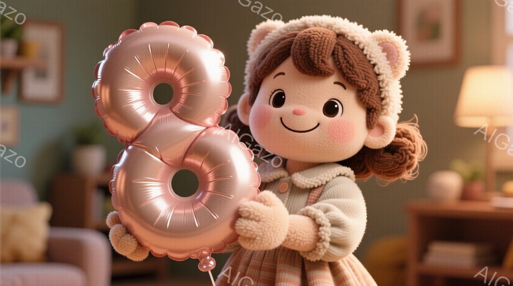 明るい茶色の巻き毛に、クリーム色のボンネットを被った幼い少女が描かれています。彼女は薄いピンク色のバルーンを2つ持ち、楽しそうに微笑んでいます。背景には木製の家具と植物が見え、温かく居心地の良い雰囲気 - AI生成フリー素材