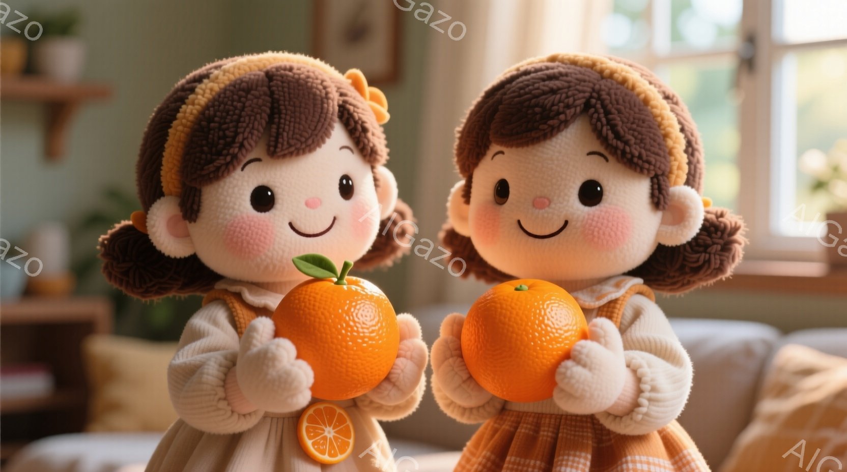 ふわふわとした質感の可愛らしい人形が二人、オレンジ色のみかんをそれぞれ抱えています。人形は明るいオレンジとクリーム色のストライプのワンピースを着ており、髪は茶色の巻き毛で、頭にはリボンをつけています。背景は柔らかな光が差し込むリビングで、穏やかで温かい雰囲気が漂っています。