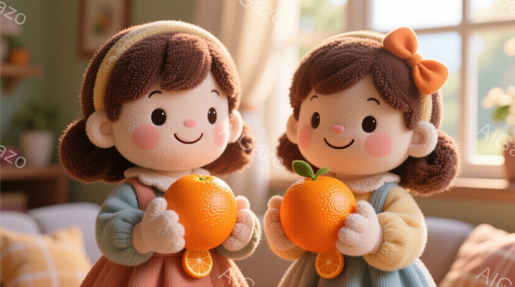 ふわふわとした質感の女の子二人組が、それぞれ大きなオレンジを抱えています。彼女たちは、明るい黄色のセーター、ピンクと水色のドレスを着ており、同じようにカールした茶色の髪にリボンをつけています。背景には、暖色系の家具や植物が見え、窓から差し込む光が穏やかな雰囲気を醸し出しています。