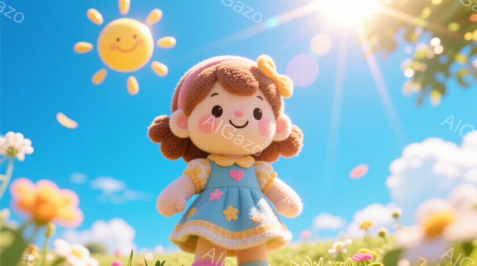 明るい青空の下、可愛らしい人形が立っている。人形は巻き毛の茶髪で、水色のワンピースを着ており、胸元にはハートの模様がある。背景には白い花々が咲き乱れ、太陽が微笑んでおり、全体的に暖かく、幸せな雰囲気が漂っている。