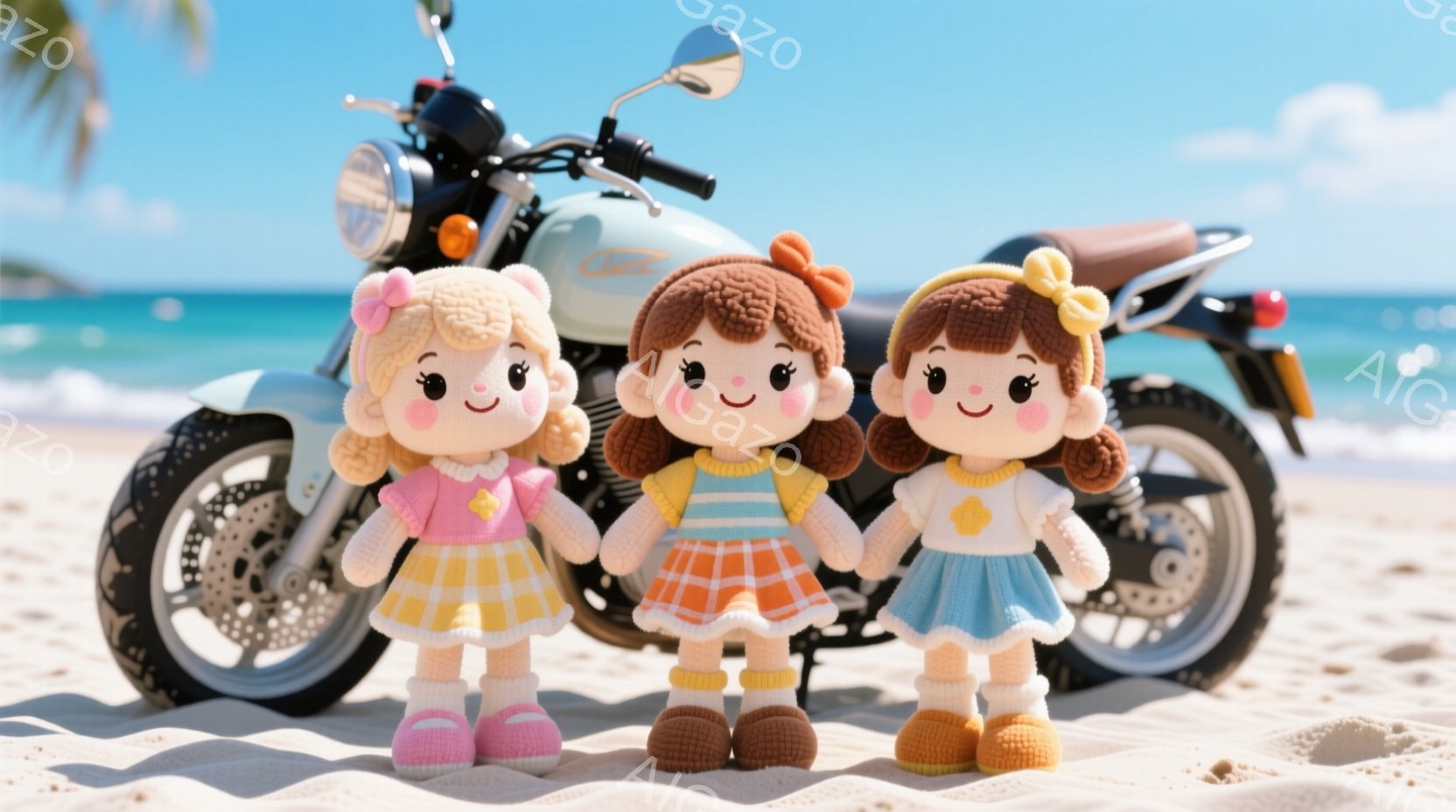 砂浜に三体の編みぐるみ人形が並んで立っています。それぞれピンク、オレンジ、水色のワンピースを着ており、明るい表情をしています。背景には青い海とヤシの木が見え、クラシックなオートバイが砂浜に停まっています。