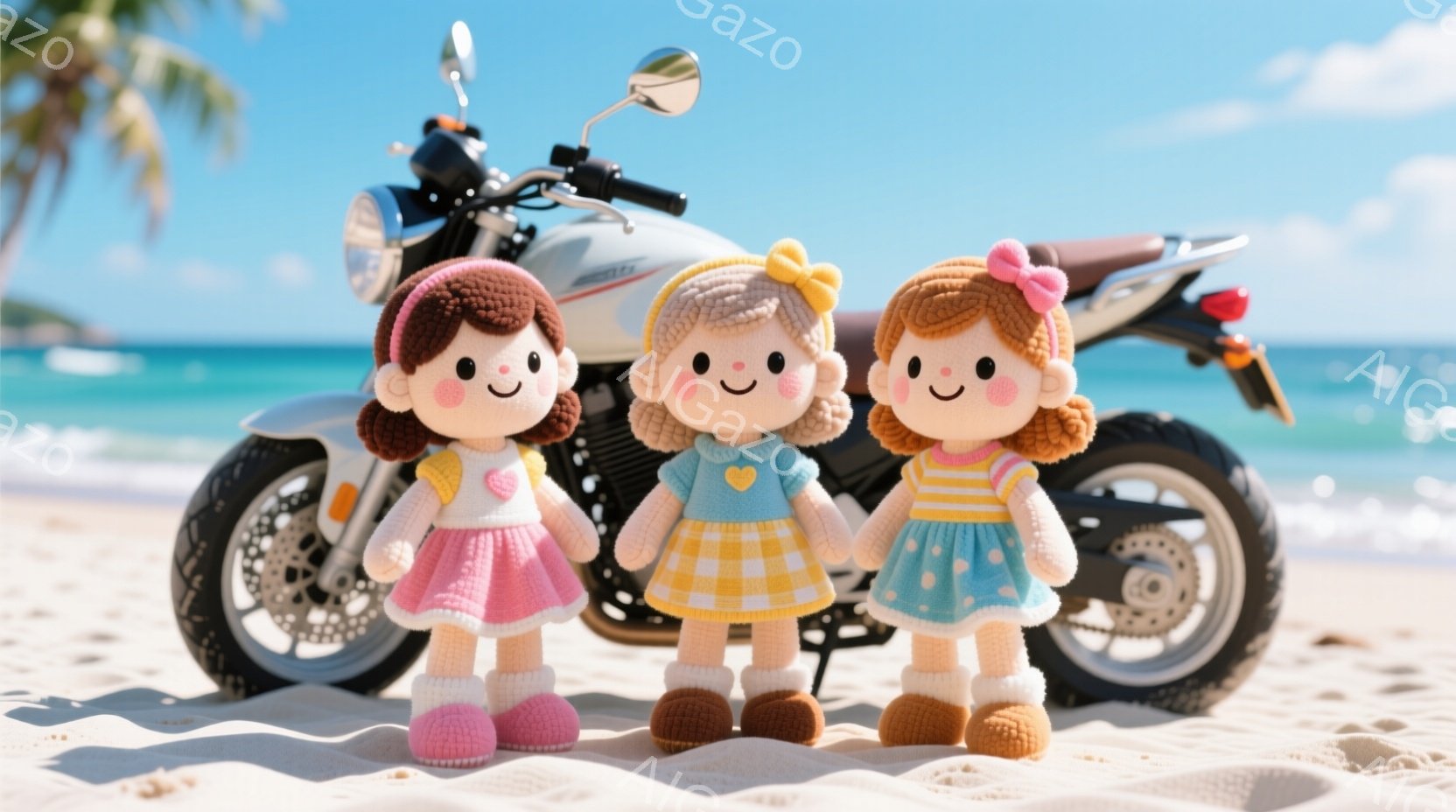 砂浜に並んだ3体の編みぐるみ人形が写っています。それぞれピンク、黄色と白のギンガムチェック、水色のワンピースを着ており、茶色の髪に可愛らしい笑顔を浮かべています。背景には青い空と海、そして一台の黒いオートバイが見え、明るく暖かい夏の日の雰囲気が伝わってきます。