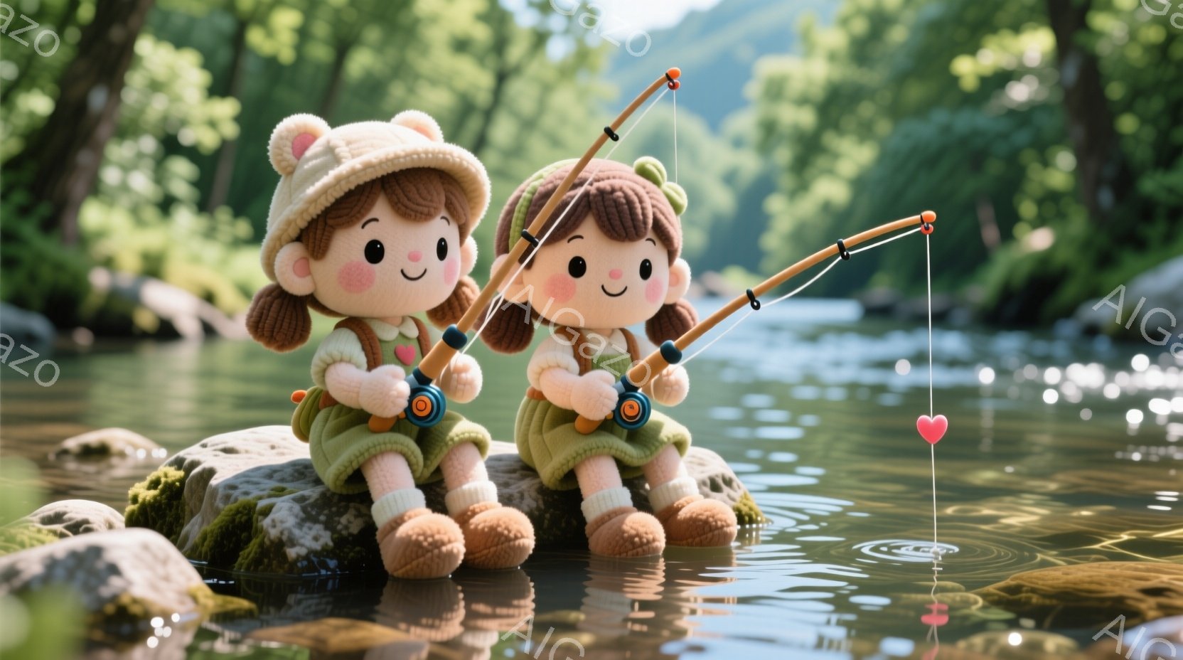 二人の女の子がお揃いの緑色のベストと短パンを着て、同じポーズで釣りを楽しんでいます。それぞれ頭にはつばの広い帽子をかぶり、茶色の巻き毛が特徴的で、つぶらな瞳で穏やかな表情を浮かべています。背景には緑豊かな木々が生い茂る川があり、水面には魚の引きによって波紋が広がっており、全体的に穏やかで可愛らしい雰囲気です。