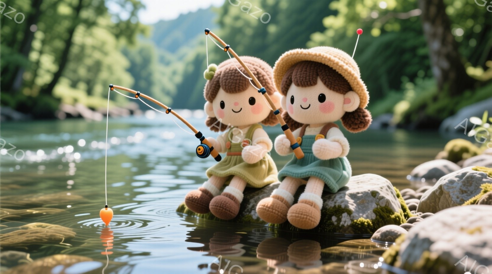 二人の少女が岩の上に座って釣りを楽しんでいます。彼女たちは同じように麦わら帽子をかぶり、薄い緑と薄いオレンジのワンピースを着ています。背景には緑豊かな森林と穏やかな水面が広がり、全体的に暖かく、のどかな雰囲気が漂っています。