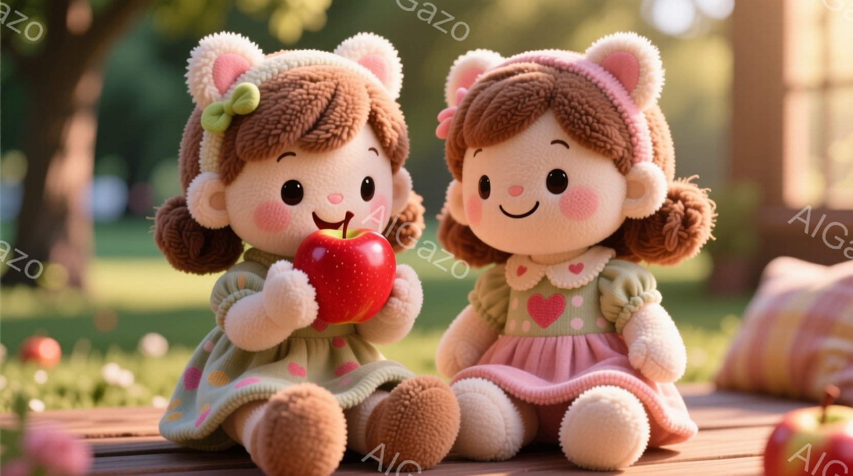 ふわふわとした茶色の髪に、緑色のワンピースと茶色のブーツを着た可愛らしい女の子のぬいぐるみ2体が並んで座っています。片方のぬいぐるみは赤いリンゴをかじっており、もう片方は微笑んでいます。背景には木々や緑の草が生い茂り、ピクニックのような穏やかな屋外の雰囲気が漂っています。