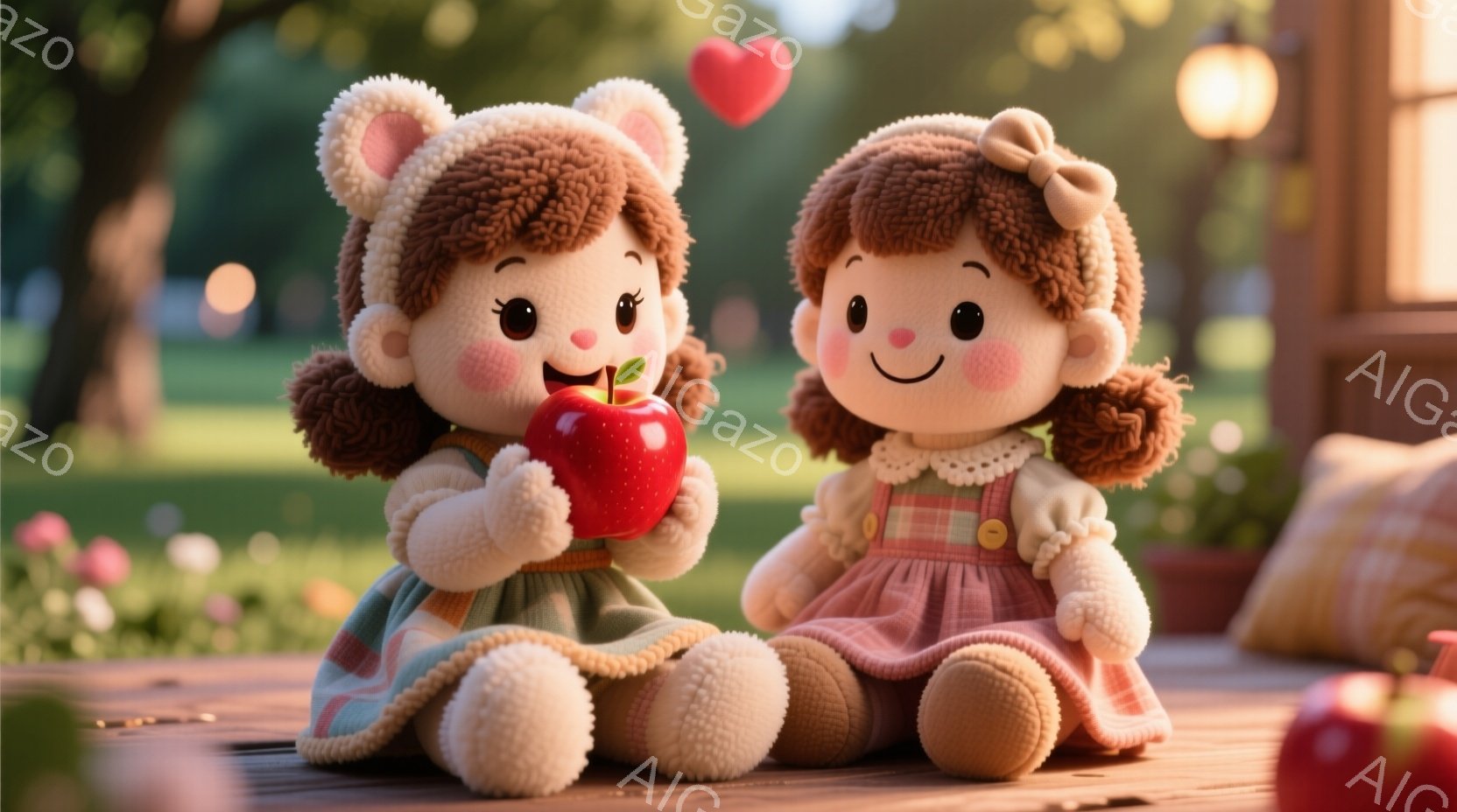 ふわふわとした質感の、愛らしい人形が二人、木製のデッキに座っています。一人目は赤いリンゴを手に持ち、微笑みながら齧っており、もう一人は穏やかな表情で座っています。背景には、花が咲き乱れる庭と、夕暮れのような暖かい光が差し込む穏やかな風景が広がっています。