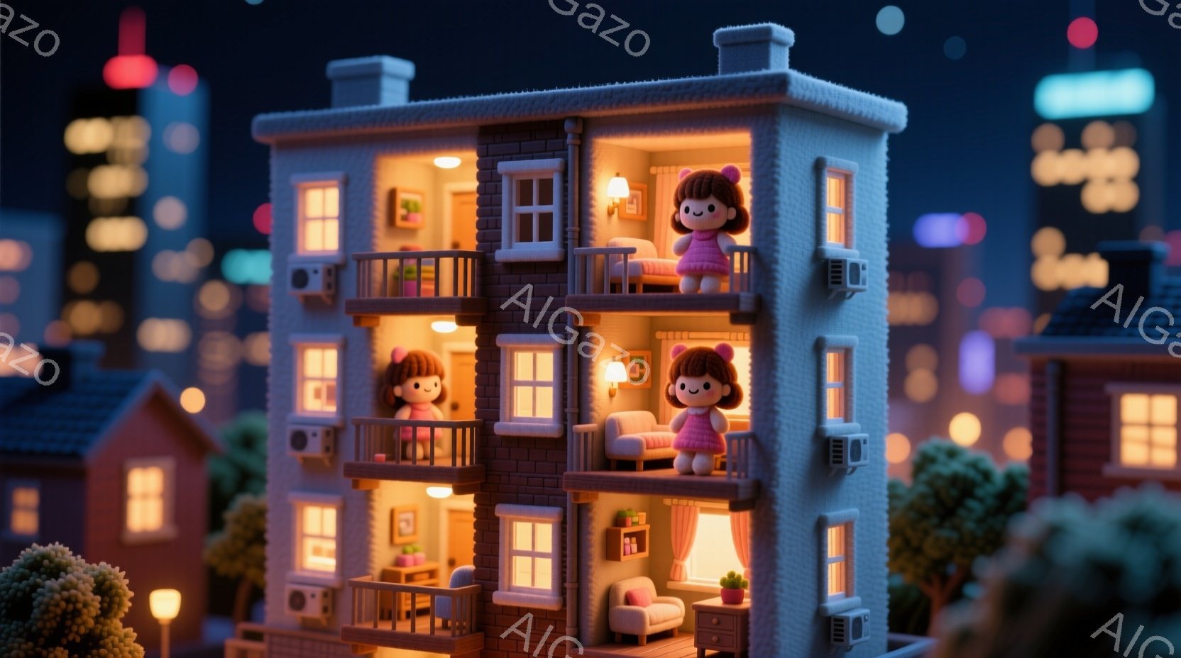 明るいピンクのワンピースを着た女の子が、それぞれ異なる階のバルコニーに立っています。彼女たちは同じような髪型で、大きな目で微笑んでいます。背景には、夜景が広がり、建物や街灯が点在し、穏やかで夢幻的な雰囲気を醸し出しています。