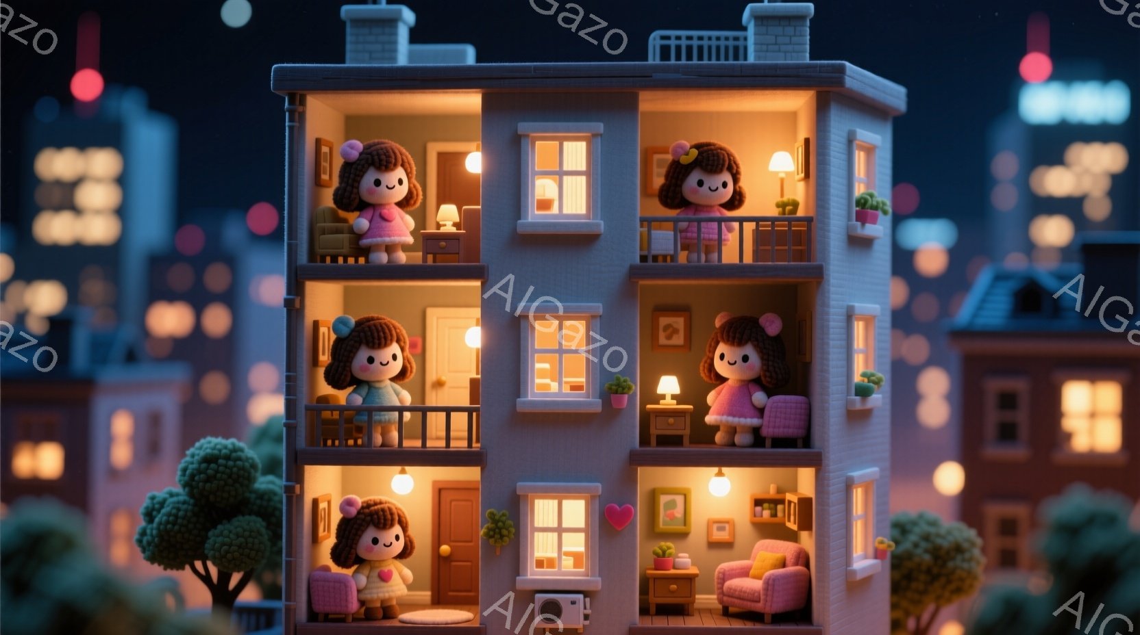 建物は四階建てで、各階に小さな女の子がいます。彼女たちは皆、茶色のカールした髪、赤いワンピース、そして穏やかな表情をしています。背景には、夜景の建物や木々が見え、暖かい光が各部屋から漏れ出し、安らぎと温かい雰囲気を醸し出しています。
