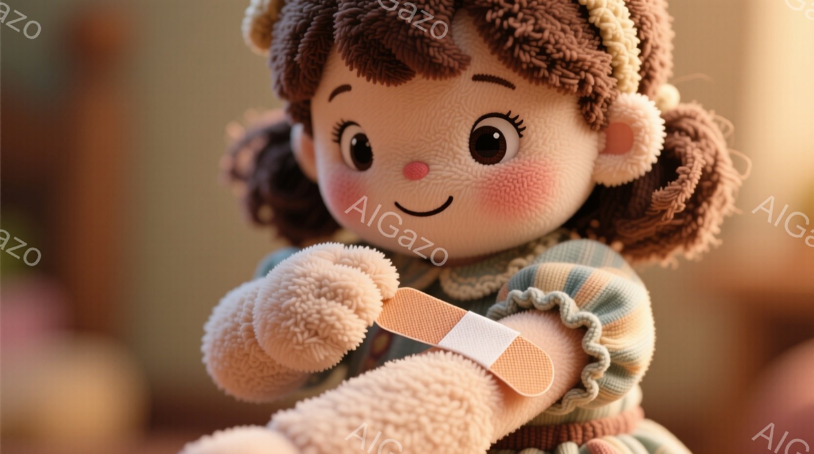 明るい色彩のテディベアのような人形が写っている。人形は巻き毛の茶色の髪型で、ほっぺは赤く、優しい笑顔を浮かべている。右腕には絆創膏が貼られており、両腕を抱えて座っている様子から、少し痛みをこらえているようにも見える。