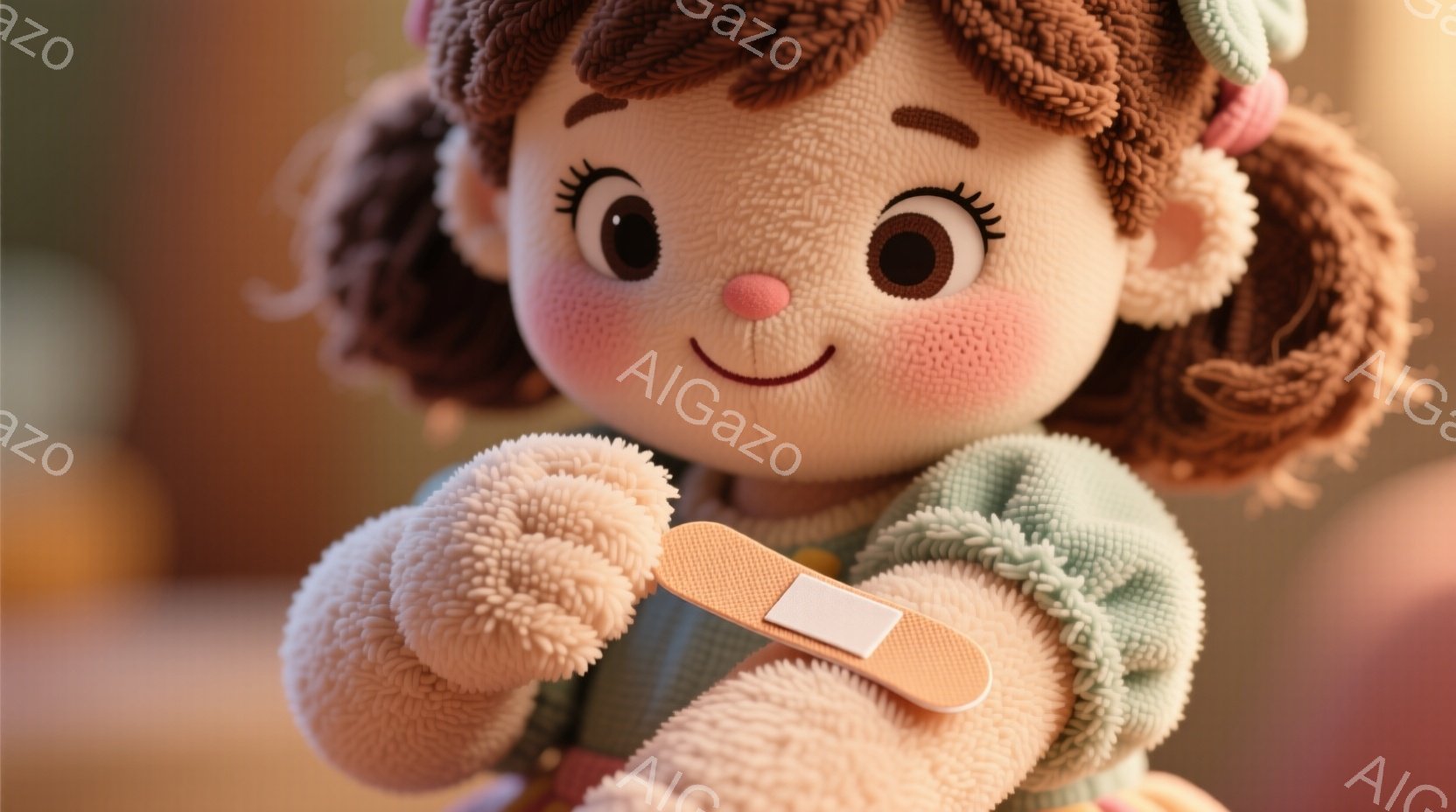 ふわふわの髪をした女の子が、自分の腕に絆創膏を貼ろうとしています。薄緑色のフリルのついたセーターを着ており、頬はピンク色に染まり、笑顔を見せています。背景はぼかされており、暖かく優しい雰囲気が漂っています。