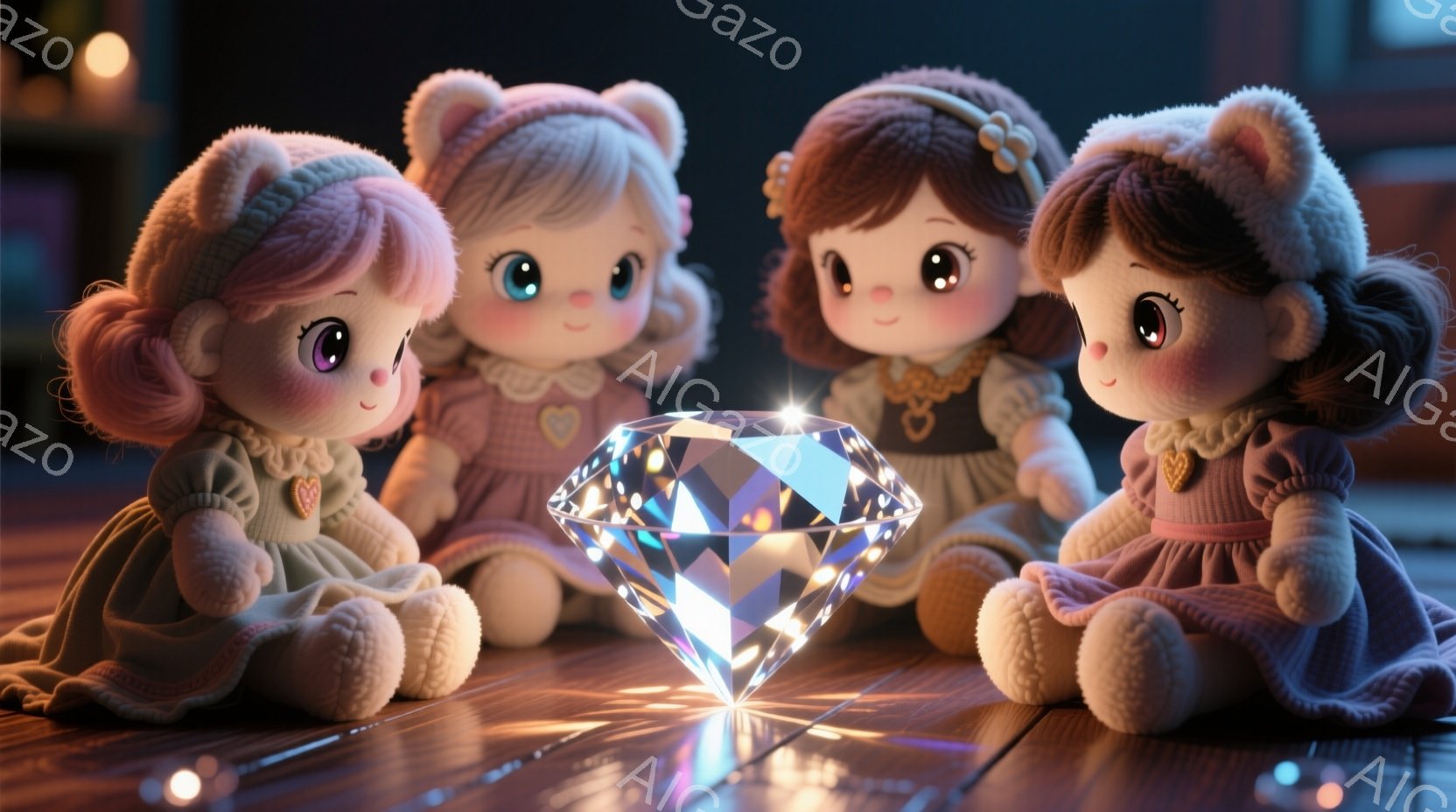 暖炉の前で、ピンクと茶色の髪の毛を持つ、可愛らしい人形たちが座って、光り輝く大きなダイヤモンドを見つめている。人形たちは皆、優しい笑顔で、淡いピンク色のドレスと、猫耳のようなフード付きの帽子を身につけ - AI生成フリー素材