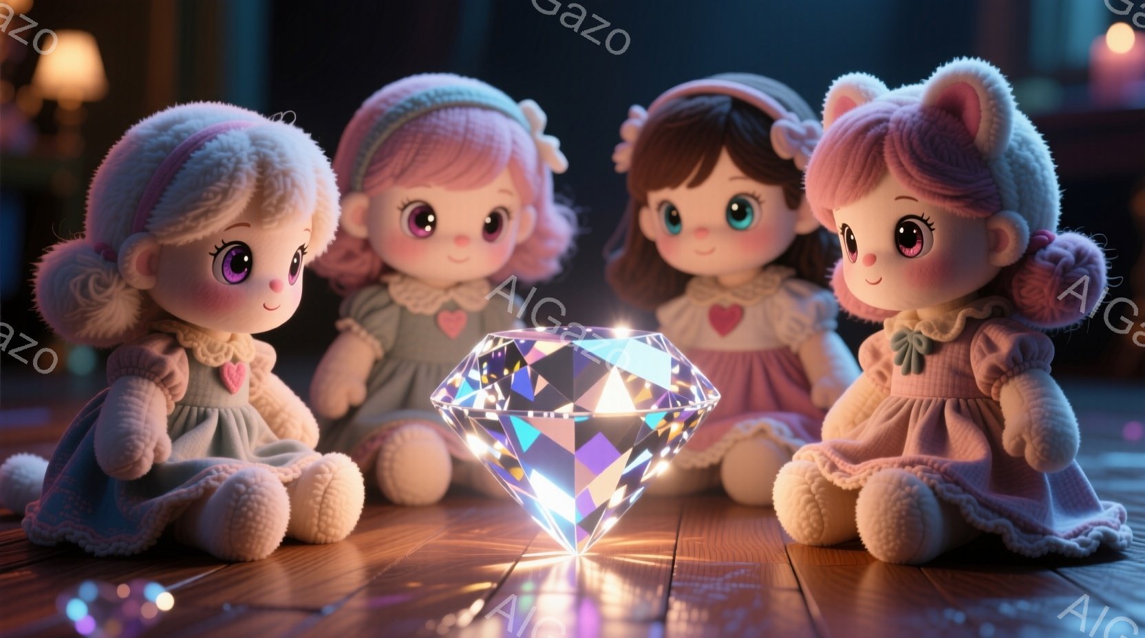 三体の可愛らしいぬいぐるみ人形が、光り輝く大きなダイヤモンドを囲んで座っている。人形たちは皆、ピンク色の髪に猫耳のような帽子をかぶり、大きな瞳と愛らしい表情をしている。背景は木製の床で、ぼやけた光が暖かく優しい雰囲気を醸し出している。