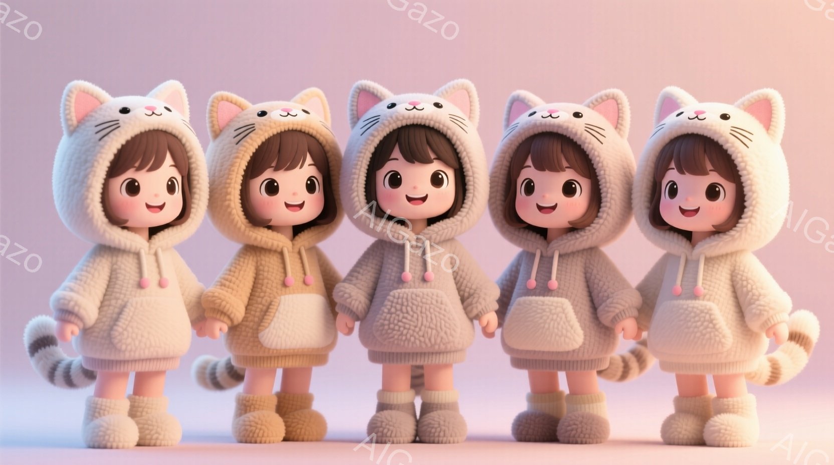 ふわふわとしたクリーム色のパーカーを着て、猫耳フードを被った可愛らしい女の子が四人並んでいます。彼女たちは短い茶色の髪をしており、つぶらな瞳で微笑んでいます。背景は淡いピンク色で、全体的に暖かく優しい雰囲気です。