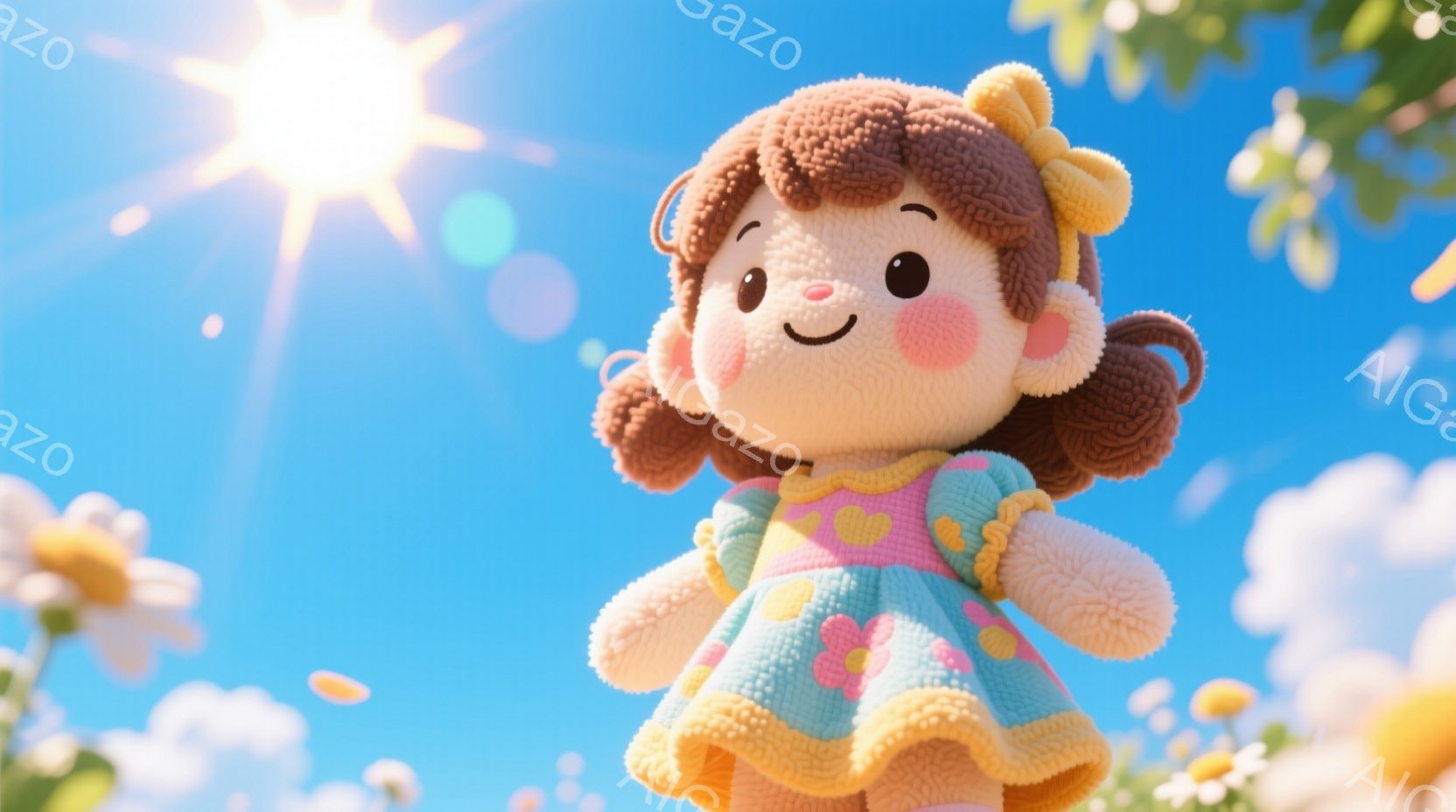 明るい青空の下、ふわふわした茶色の巻き毛にピンクのリボンをつけた女の子のおもちゃが描かれています。水色の花柄のワンピースを着ており、頬はほんのり赤く、優しい笑顔を浮かべています。背景には、ぼやけた黄色の花々と白い雲が見え、全体的に暖かく、夢のような雰囲気が漂っています。