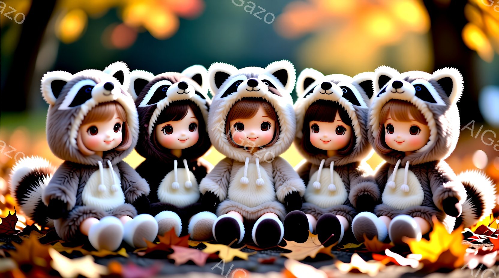 同じ服を着た5体の可愛い人形が写っています。人形は、耳のついたフード付きのふわふわの灰色のコートを着ており、茶色の髪は短いボブカットです。人形は皆同じように座っており、大きな目に微笑んでいます。