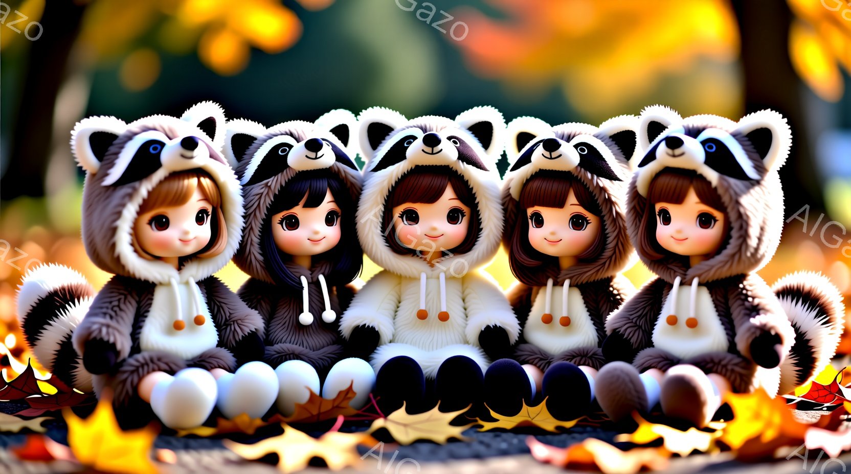 同じように見える少女たちが一列に並んで座っており、それぞれラッコを模したフード付きのパーカーを着ています。彼女たちは茶色のボブヘアで、つぶらな瞳と微笑みを浮かべており、とても愛らしい印象を与えます。背景には紅葉した葉が散りばめられており、秋の穏やかで暖かい雰囲気を醸し出しています。