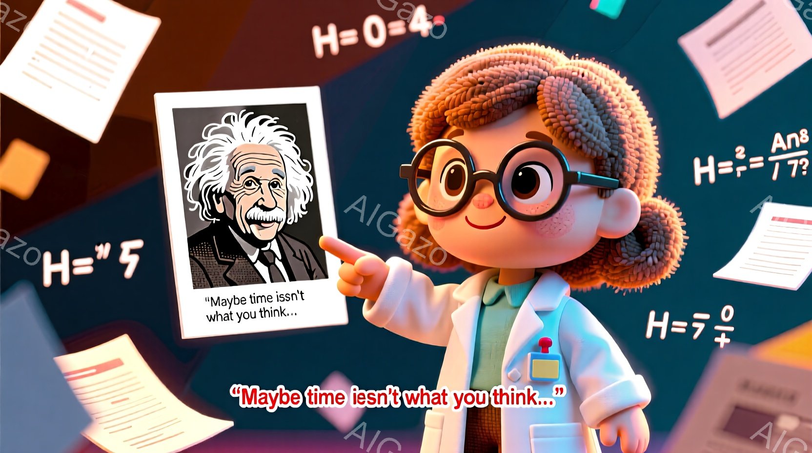 明るい髪と大きな眼鏡をかけた、アニメ調の少年が描かれています。少年は、アルバート・アインシュタインの肖像画を指差しており、少し驚いたような表情をしています。背景には、数学の数式が書かれた紙が散りばめられ、鮮やかで遊び心のある雰囲気が漂っています。