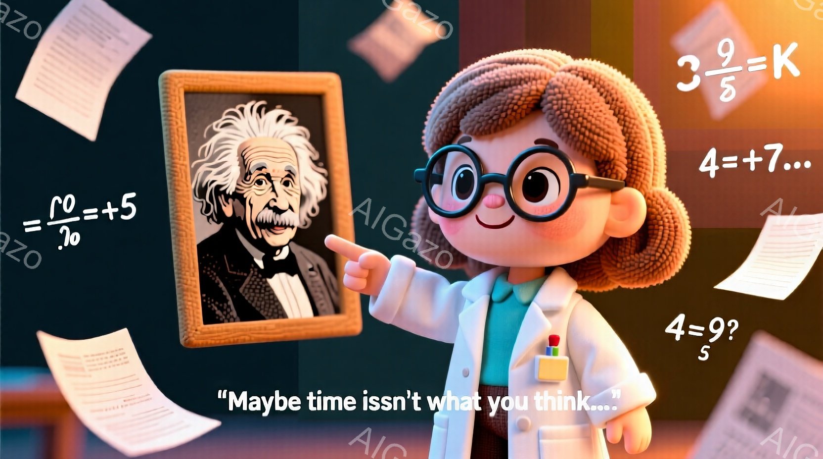 鮮やかな背景に、大きな頭とつぶらな瞳を持つアニメ調の少年が描かれています。少年は白衣を着ており、首には聴診器をかけています。背景には、有名な物理学者アインシュタインの肖像画と、数式が書かれた紙が散りばめられており、知的な雰囲気を醸し出しています。
