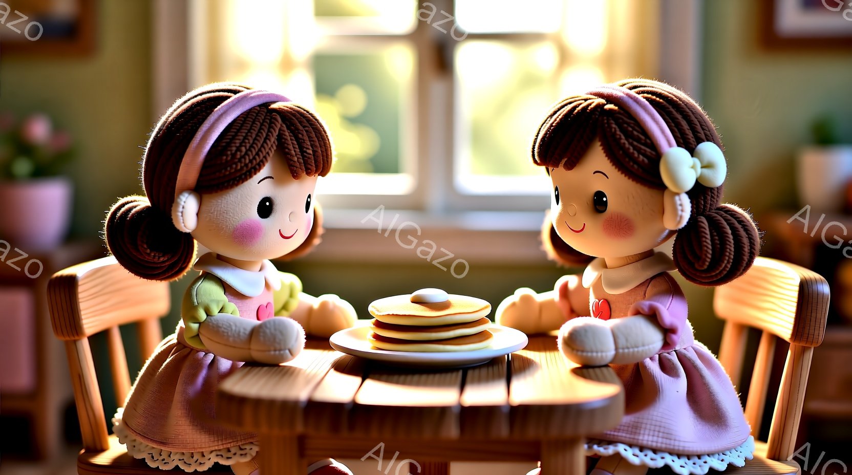 可愛らしい人形が二人、小さなテーブルを挟んで向かい合って座っています。ピンク色のワンピースと、リボンで結んだ三つ編みの髪型で、頬はほんのりと赤らんでいます。背景には窓と植物が見え、全体的に温かく優しい雰囲気です。