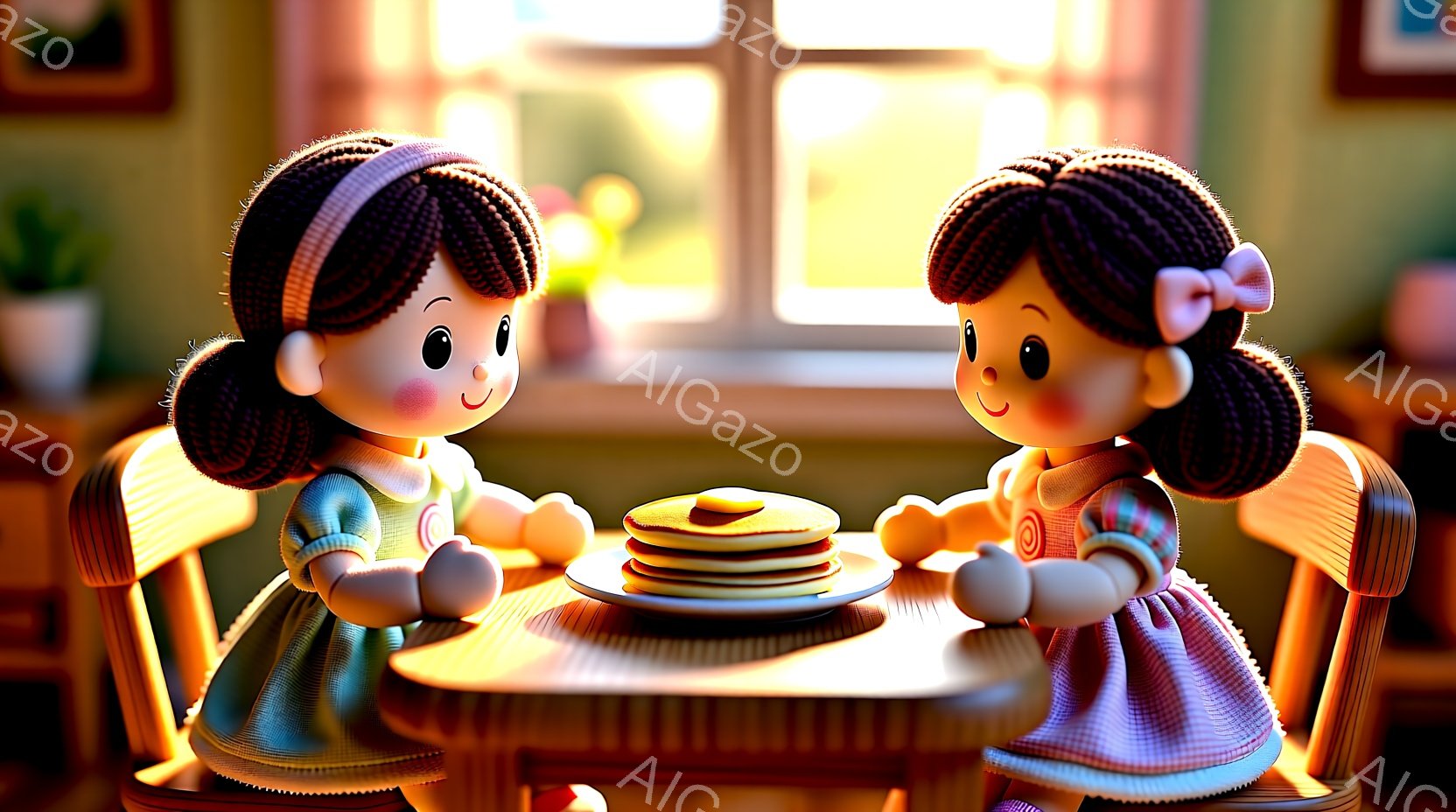 二人の少女が丸いテーブルを挟んで向かい合って座っており、それぞれピンク色のチェック柄のワンピースと、頭にはリボンと二つの結び目のある髪型をしています。テーブルの上にはパンケーキが積み重ねられており、暖かく優しい光が差し込む窓から室内が照らされています。全体的に温かく、おもちゃのような愛らしい雰囲気です。