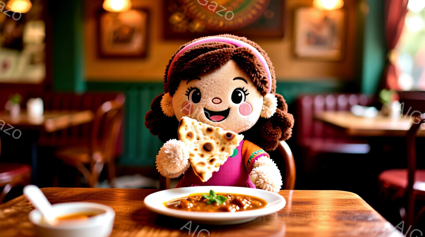 明るい笑顔の女性のキャラクターが、インド風のレストランで食事を楽しんでいる様子が描かれています。彼女は茶色の巻き毛で、ピンクとオレンジの伝統的な衣装を着ており、片手にナン、もう片手にはカレーの入ったお皿を持っています。背景には、暖色系のインテリアと、他のテーブル席がぼやけて見え、温かく活気のあるレストランの雰囲気が伝わってきます。