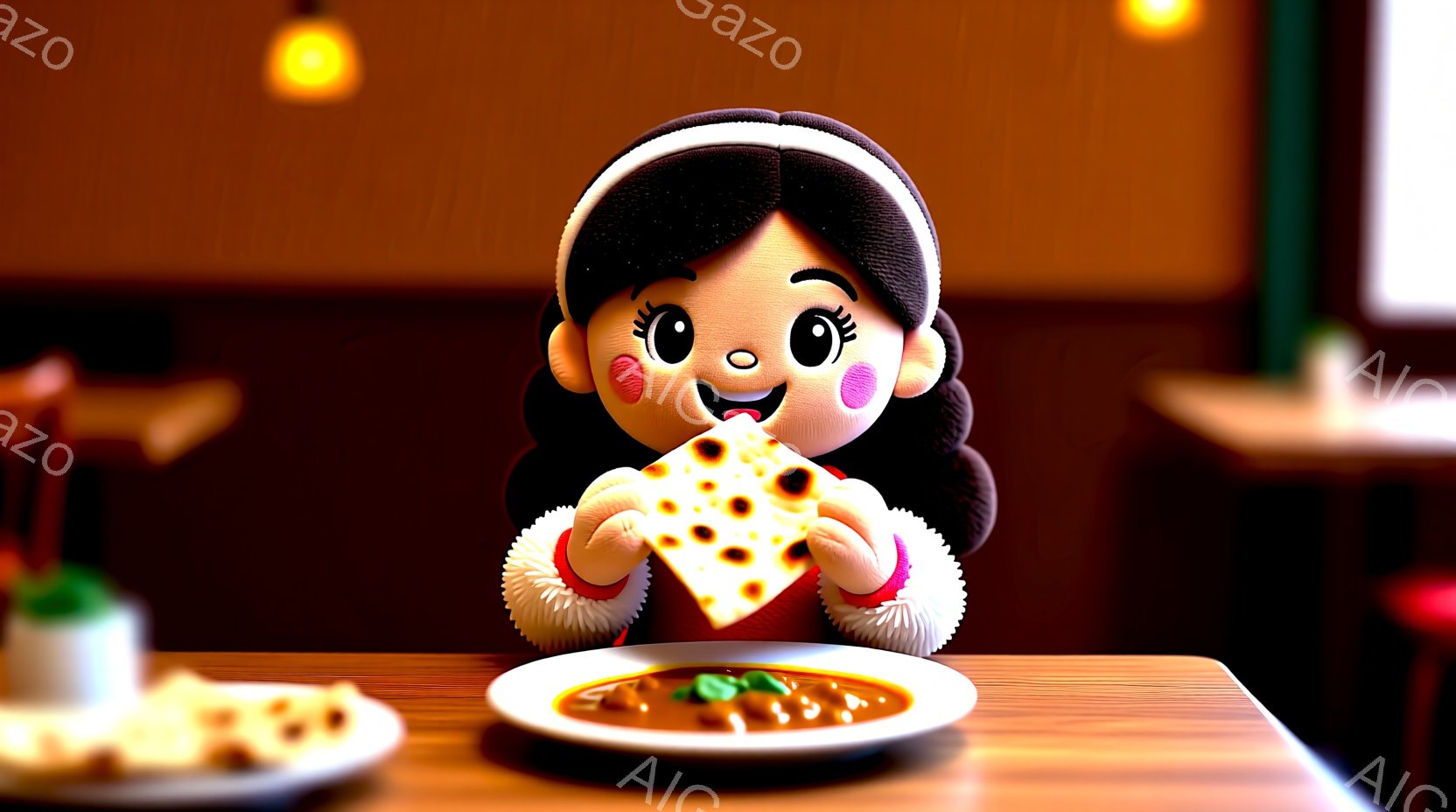 赤毛でカールした髪をした少女が、赤いドレスを着てテーブルに座っています。彼女は嬉しそうな表情でピザを片手で持ち、口に運んでいます。背景には他の料理と、暖色系の照明が灯るレストランのような空間が広がっており、全体的に温かく親しみやすい雰囲気です。