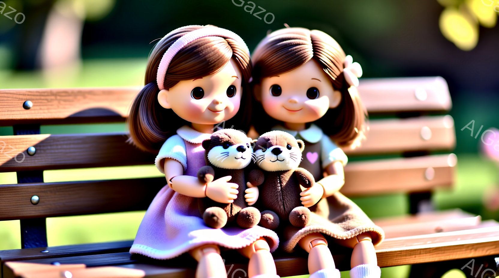明るい屋外で、ピンク色のワンピースを着た、茶色の巻き毛の女の子が、それぞれ茶色の毛皮のカワウソの人形を抱きしめてベンチに座っています。彼女たちは微笑んでおり、その表情は幸せで無邪気です。背景には緑豊かな植物が見え、暖かく穏やかな雰囲気が漂っています。