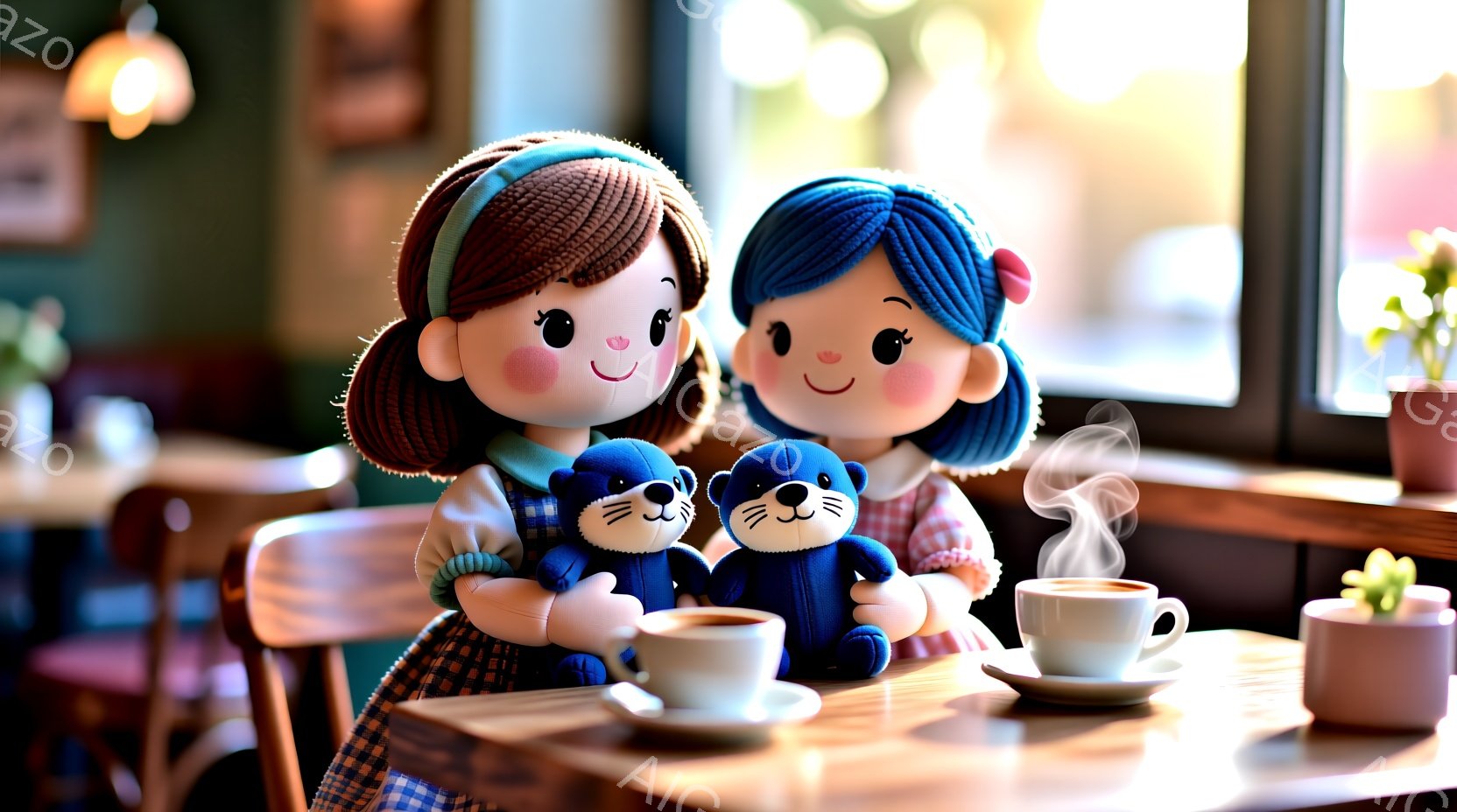 2体の人形がカフェのテーブル席に座っており、それぞれ青いクマのぬいぐるみを抱えています。人形は、片方は茶色の巻き毛で緑色のセーター、もう片方は青い三つ編みで水色のセーターを着ており、どちらも微笑んでい - AI生成フリー素材