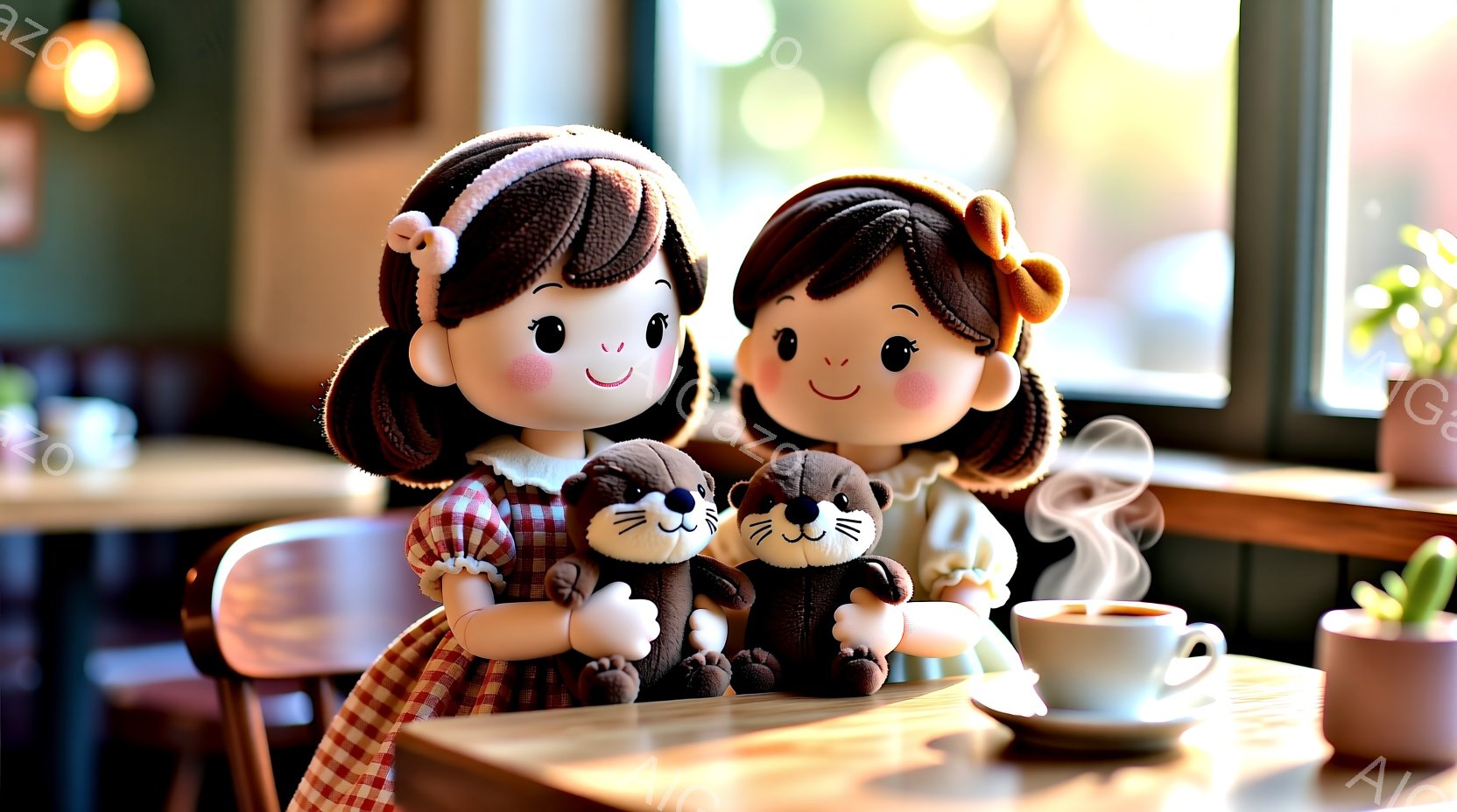 茶色の髪を二つのかんざしで結んだ女の子が、チェック柄のワンピースを着て、小さなカワウソのぬいぐるみを抱きかかえています。テーブルの上には湯気の立つカップとソーサーがあり、窓から差し込む光でカフェの暖か - AI生成フリー素材