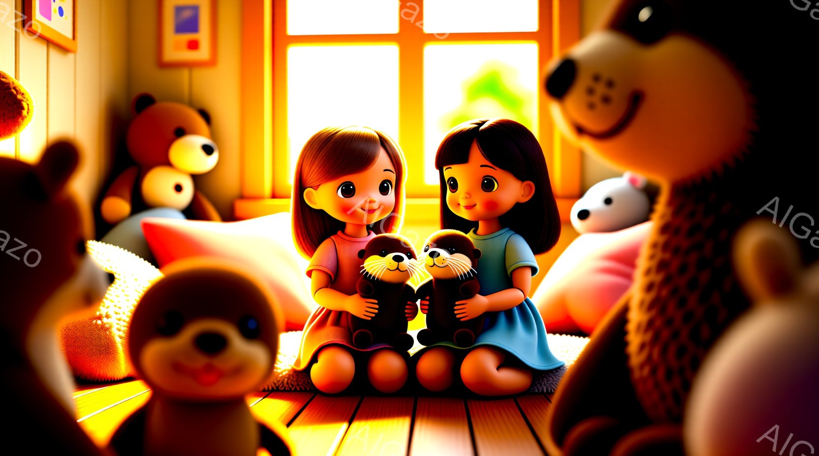 二人の幼い女の子が、おもちゃの海 otterを抱きかかえて床に座っています。彼女たちは茶色のストレートヘアで、同じ水色のドレスを着て、穏やかな笑顔を浮かべています。背景にはカラフルなテディベアやクッションが並び、窓からは明るい光が差し込み、温かく優しい雰囲気を醸し出しています。