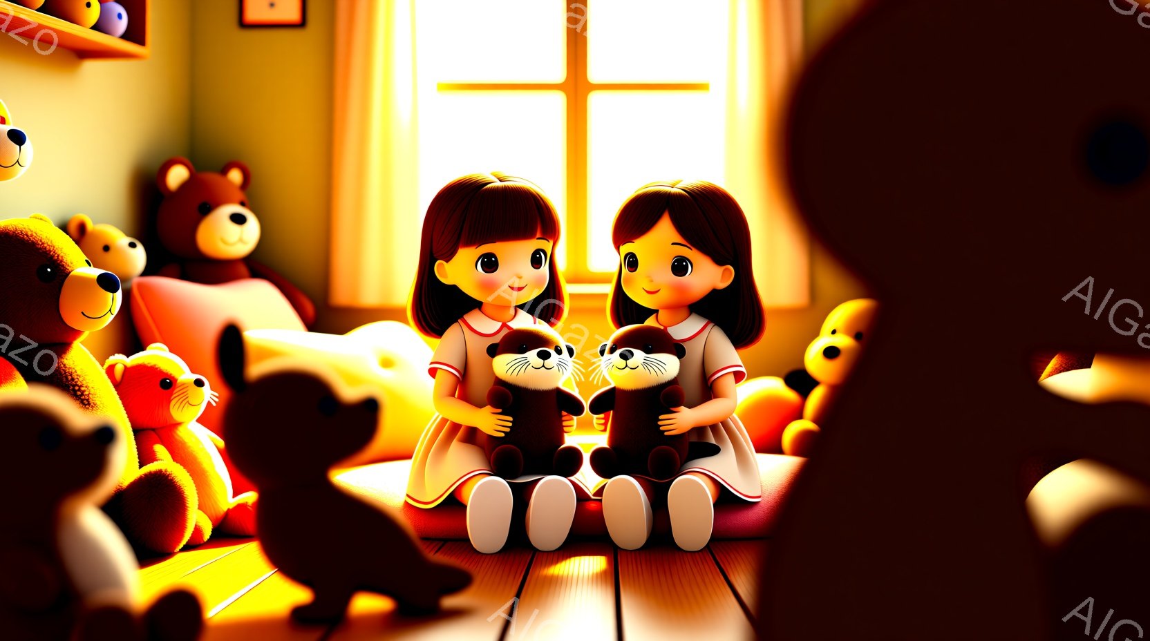 二人の少女が畳の上に座り、それぞれカワウソのぬいぐるみを抱えています。彼女たちは同じ髪型と服装で、大きな瞳と穏やかな表情をしています。背景には、様々な動物のぬいぐるみや、光が差し込む窓があり、暖かく穏やかな雰囲気を醸し出しています。