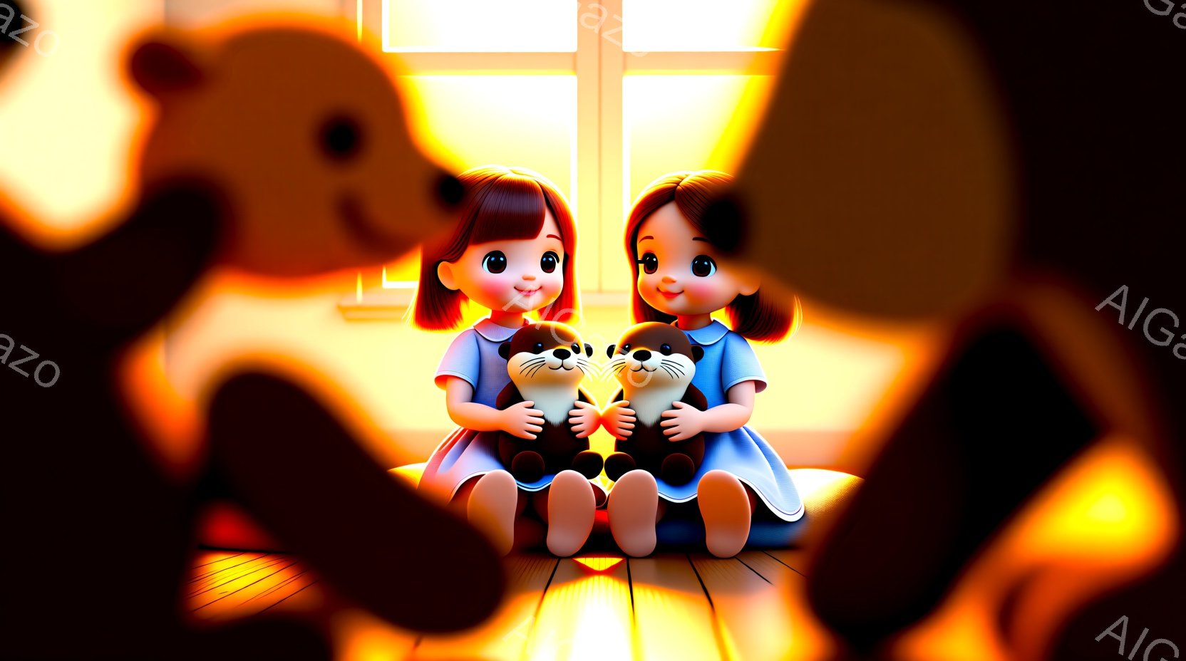 二人の少女が並んで座り、それぞれカワウソのぬいぐるみを抱えています。彼女たちは同じピンク色のワンピースを着ており、短い茶色の髪をしています。背景には窓から差し込む暖かい光と、ぼやけたオレンジ色の物体があり、全体的に温かく穏やかな雰囲気です。