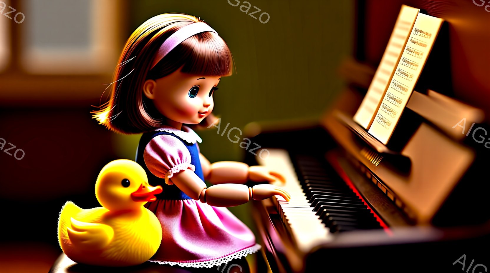 人形がピアノの前に座って演奏している様子が写っています。ピンク色のワンピースに白いレースのフリルがついており、茶色の髪はリボンで結ばれています。背景には楽譜が立てかけられ、黄色いアヒルのぬいぐるみも置かれています。