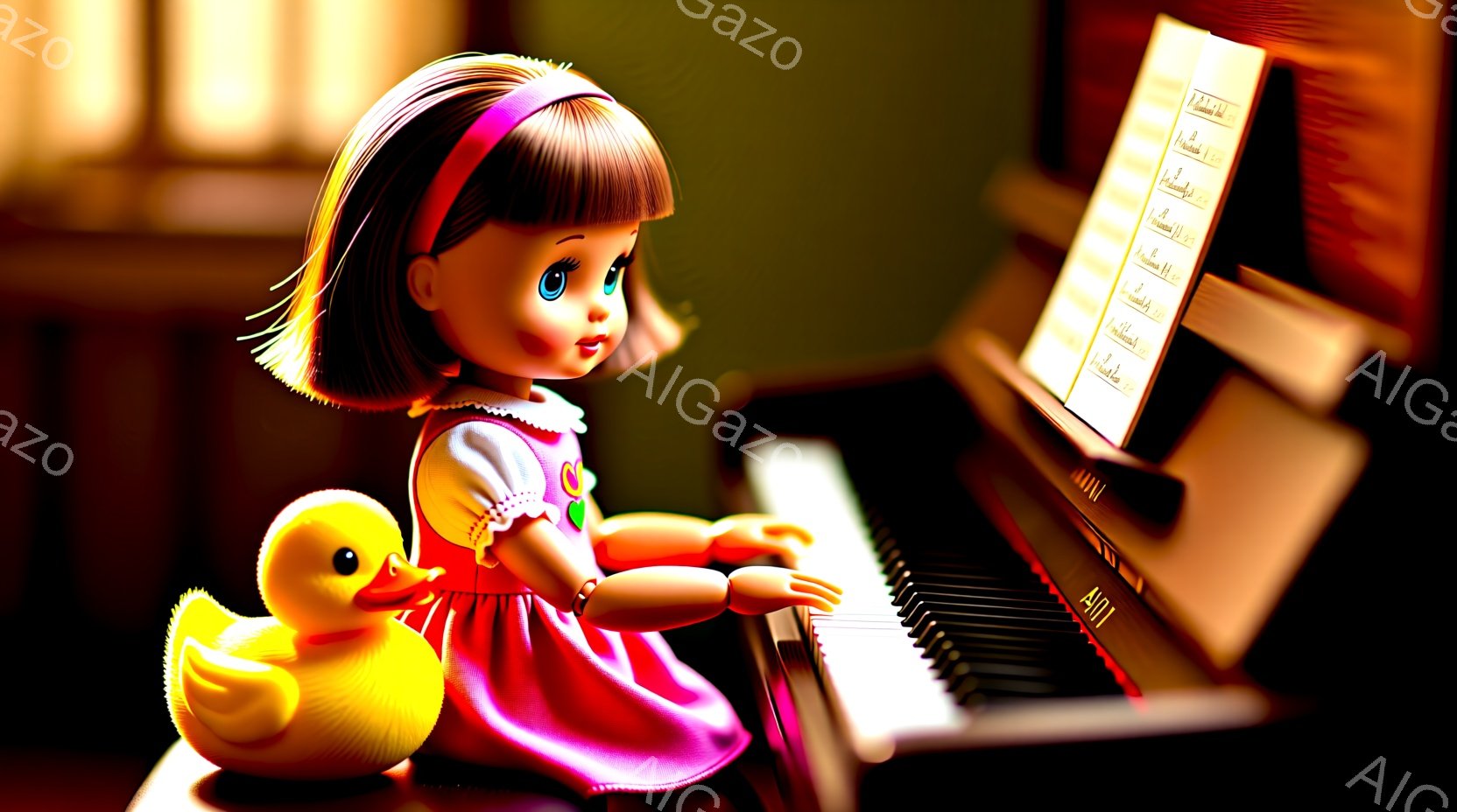 赤毛の髪をカールさせた少女の人形が、ピンク色のフリルスカートと白い上着を着てピアノを弾いている。人形は真剣な表情で鍵盤を見つめ、片手には黄色いアヒルのオモチャが置かれている。背景は木製のピアノと、ぼやけた壁と窓があり、暖かく優しい雰囲気を醸し出している。