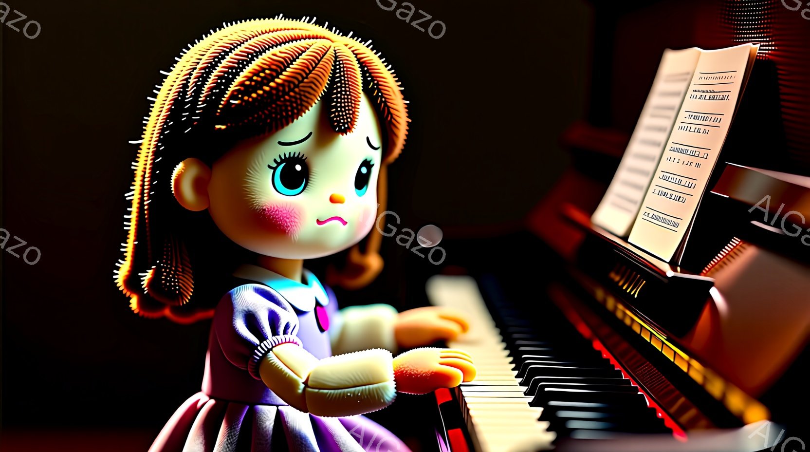 明るい紫色のドレスを着た少女がピアノを弾いています。彼女は巻き毛の茶髪で、大きな青い目で、真剣な表情をしています。背景は暗く、ピアノと楽譜が光の中で浮かび上がり、幻想的な雰囲気を醸し出しています。