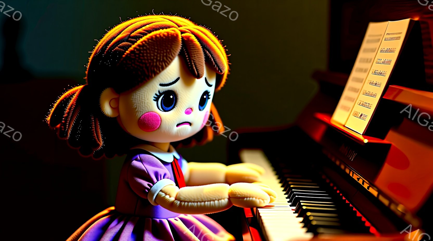 茶色の巻き毛の髪と大きな青い目を持つ人形がピアノを弾いている様子を捉えています。人形は紫色のドレスを着ており、顔にはわずかな微笑みが浮かんでいます。背景は暗く、ピアノの黒い表面と楽譜が際立っており、全体的に温かく、少しノスタルジックな雰囲気を醸し出しています。